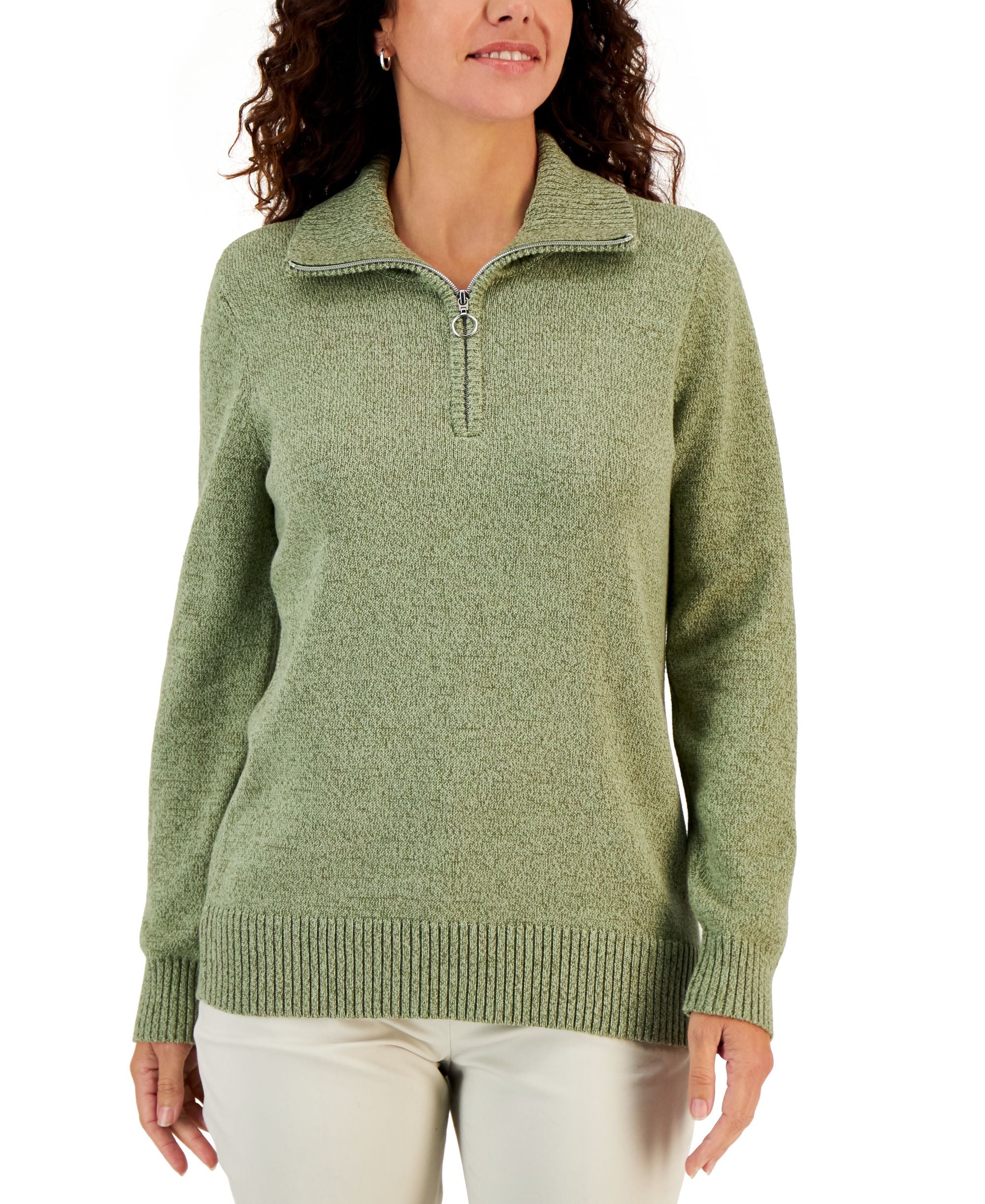 Karen Scott Womens Cotton Marl Zip Sweater