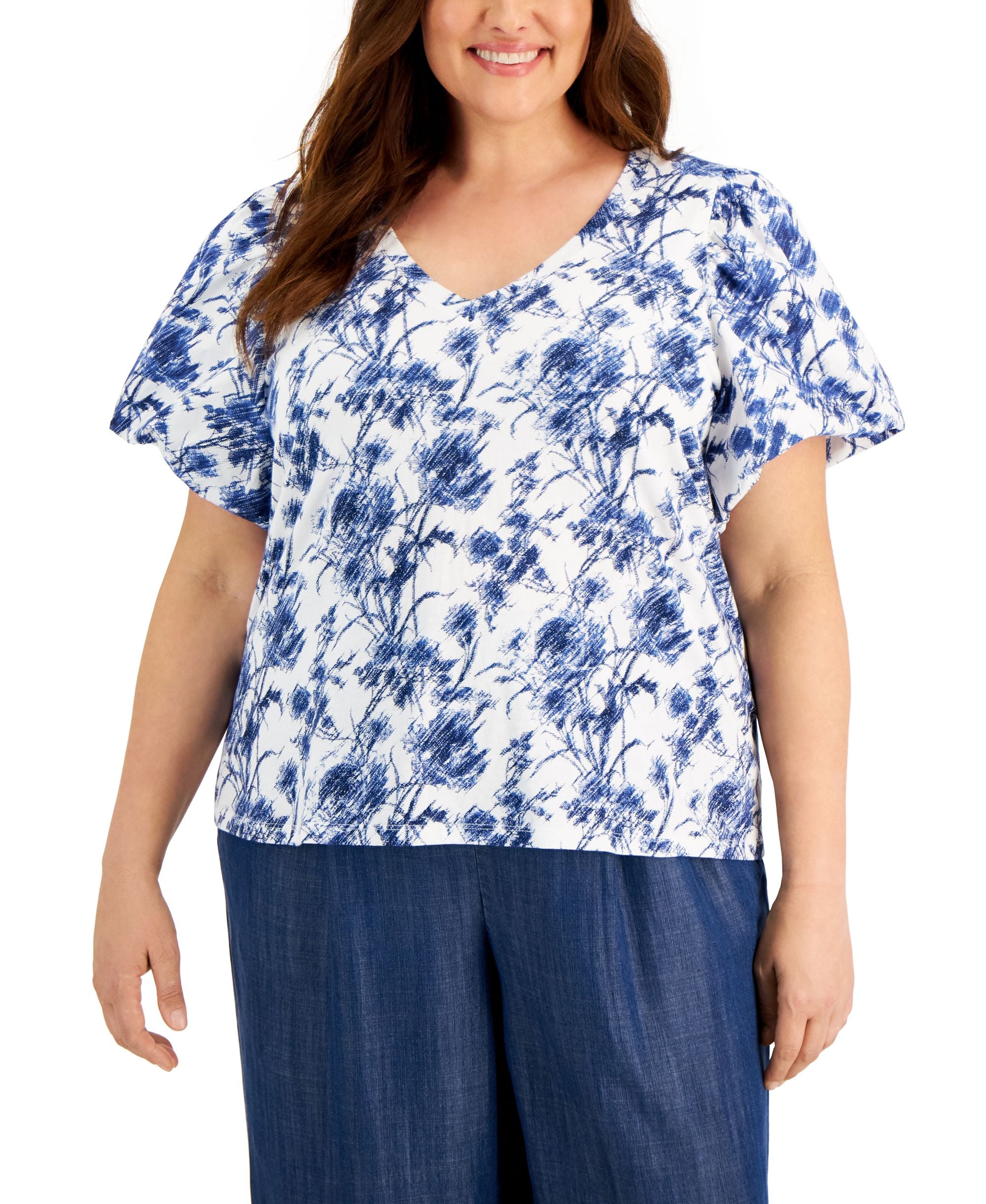 INC International Concepts Plus Size Floral Print Poplin Top