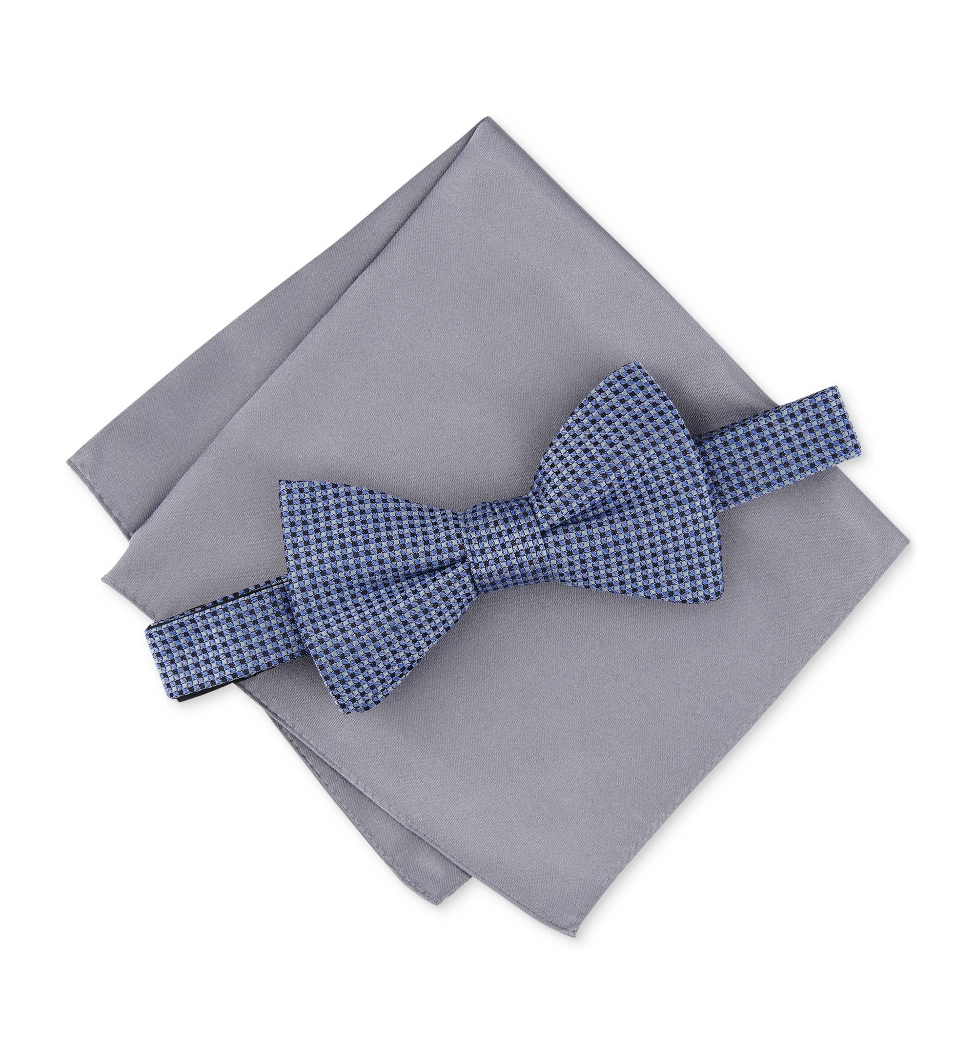 Men's Pre-Tied Check Bow Tie & Solid Pocket Square Set