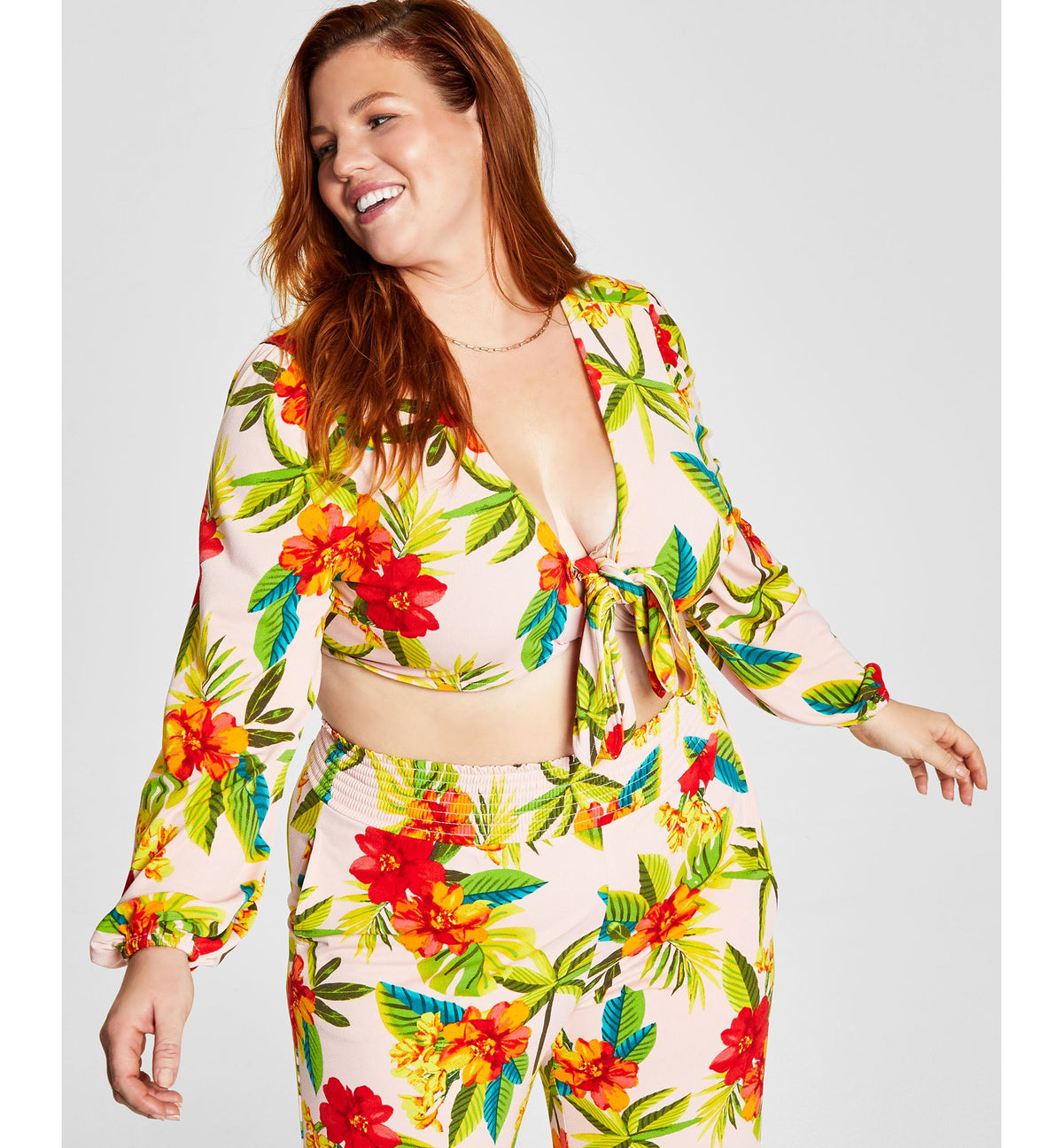 Bar III Trendy Plus Size Tropical Print Tie Front Top
