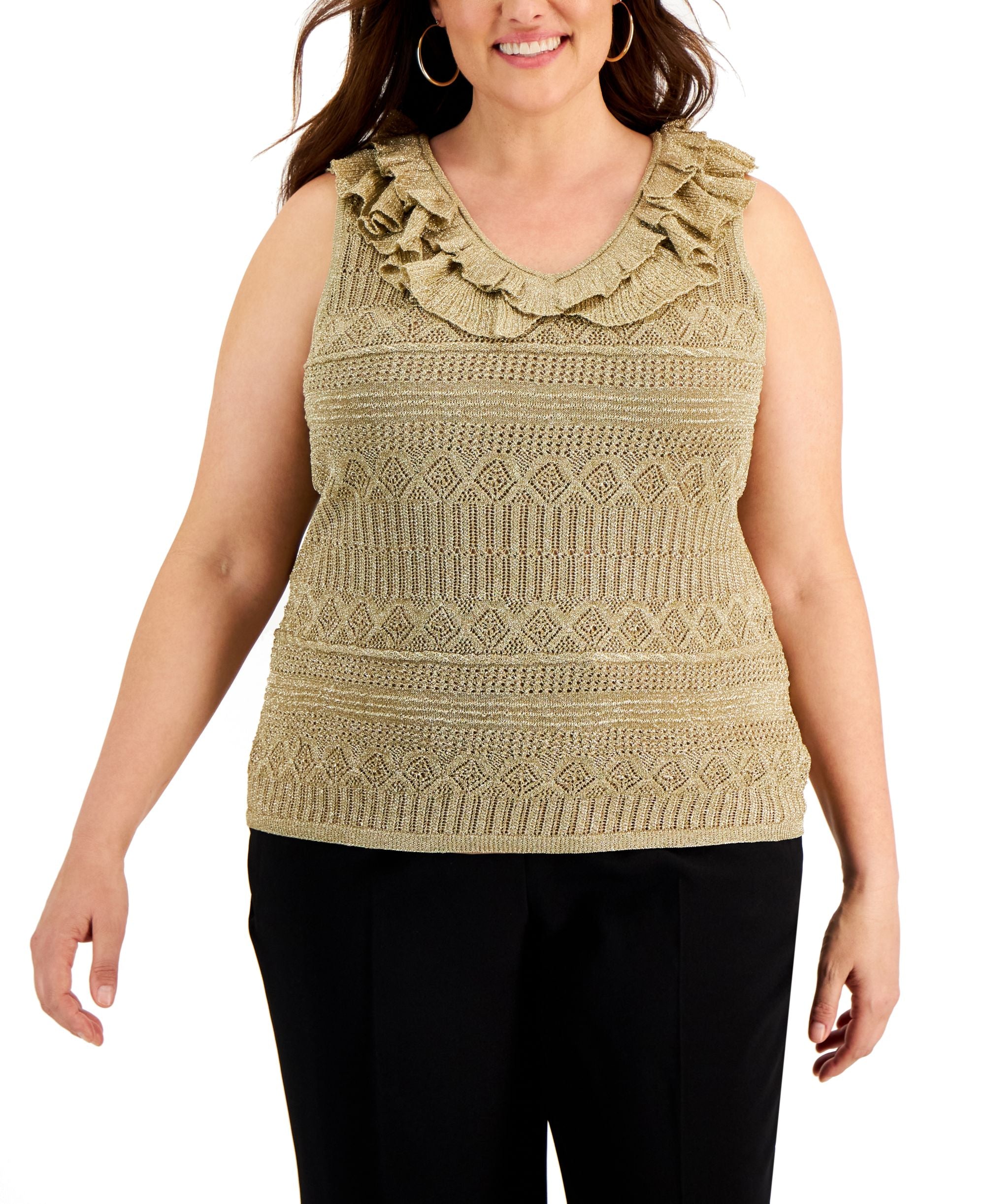 INC International Concepts Plus Size Metallic Knit Ruffle Tank