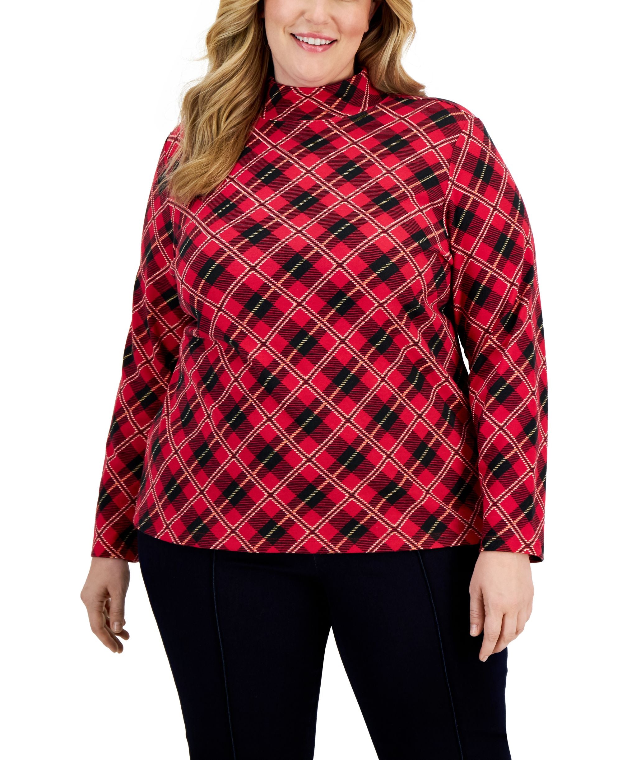 Karen Scott Plus Size Plaid Mock Neck Top