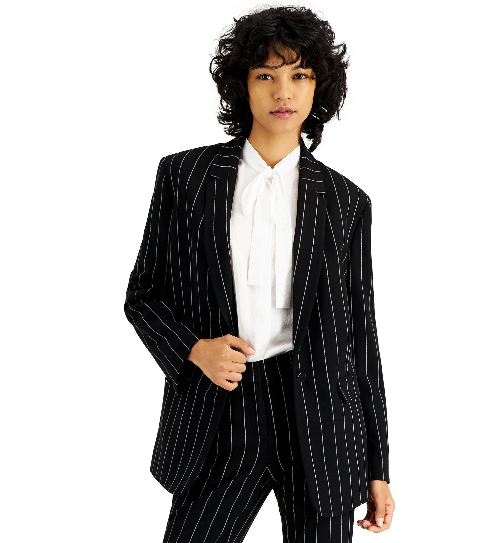 Bar III Womens Pinstripe One Button Boyfriend Jacket