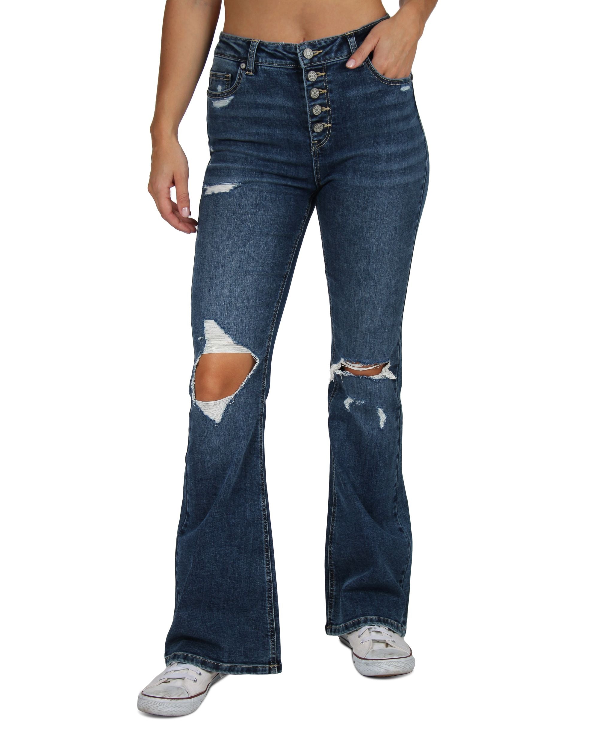 Juniors' Distressed Button-Fly Flare-Leg Jeans