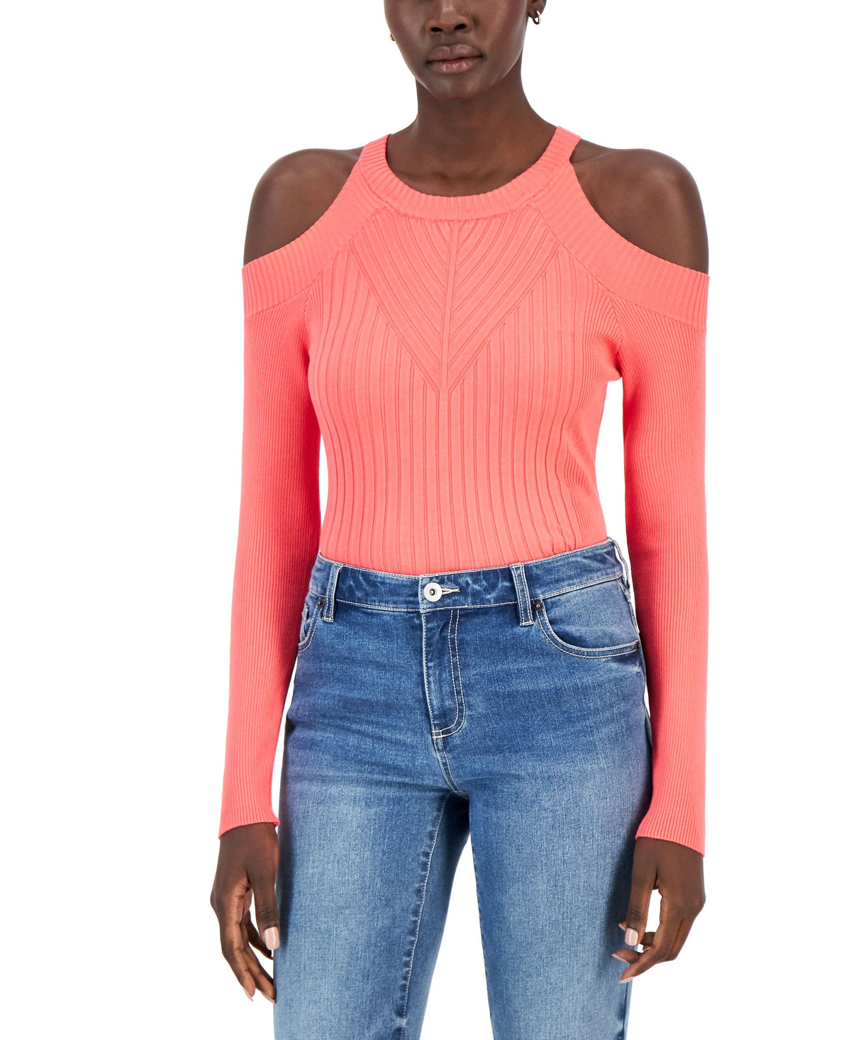 INC International Concepts Womens Ribbed Cold Shoulder Sweater