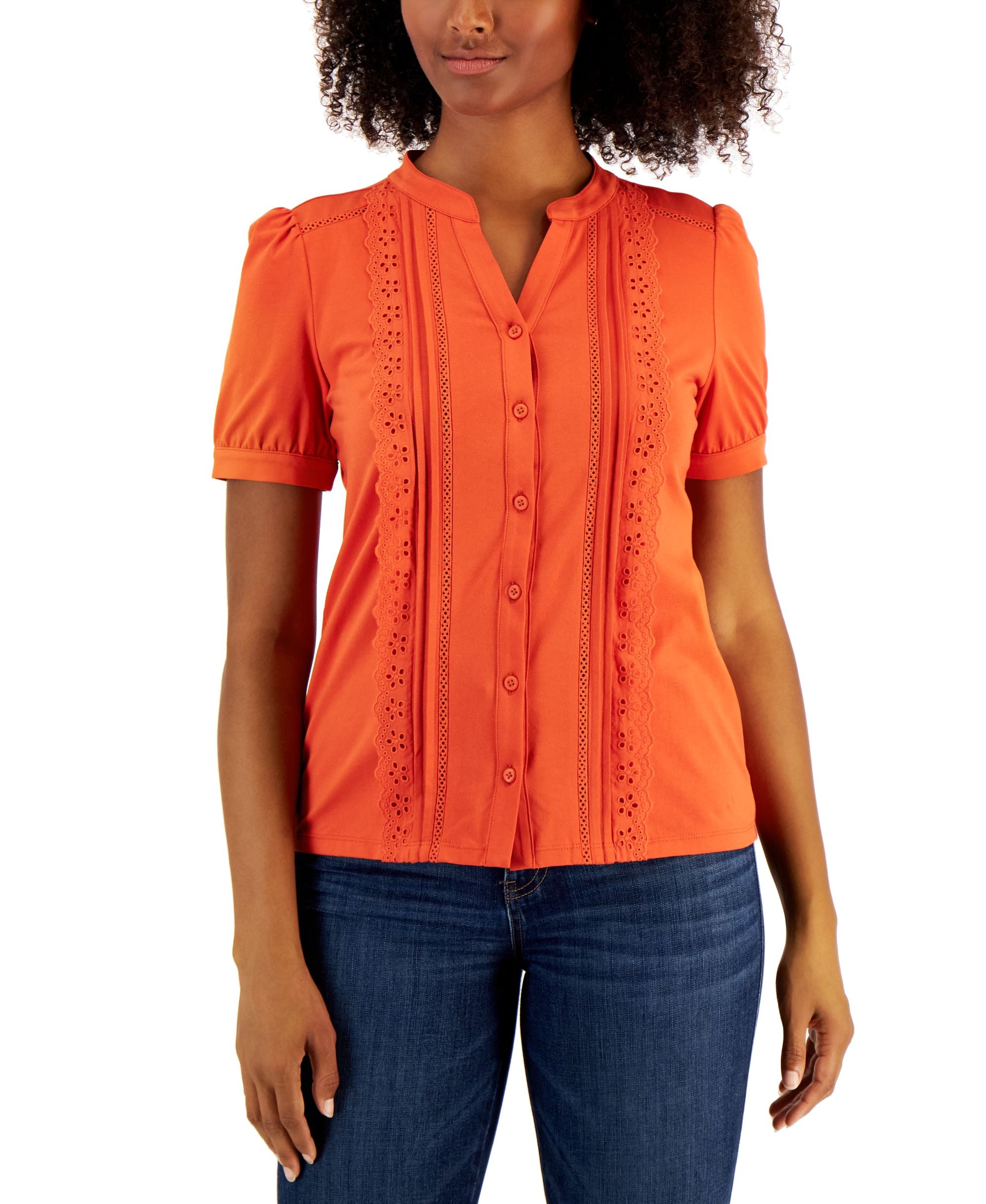 Charter Club Petite Eyelet Trim Button Front Top