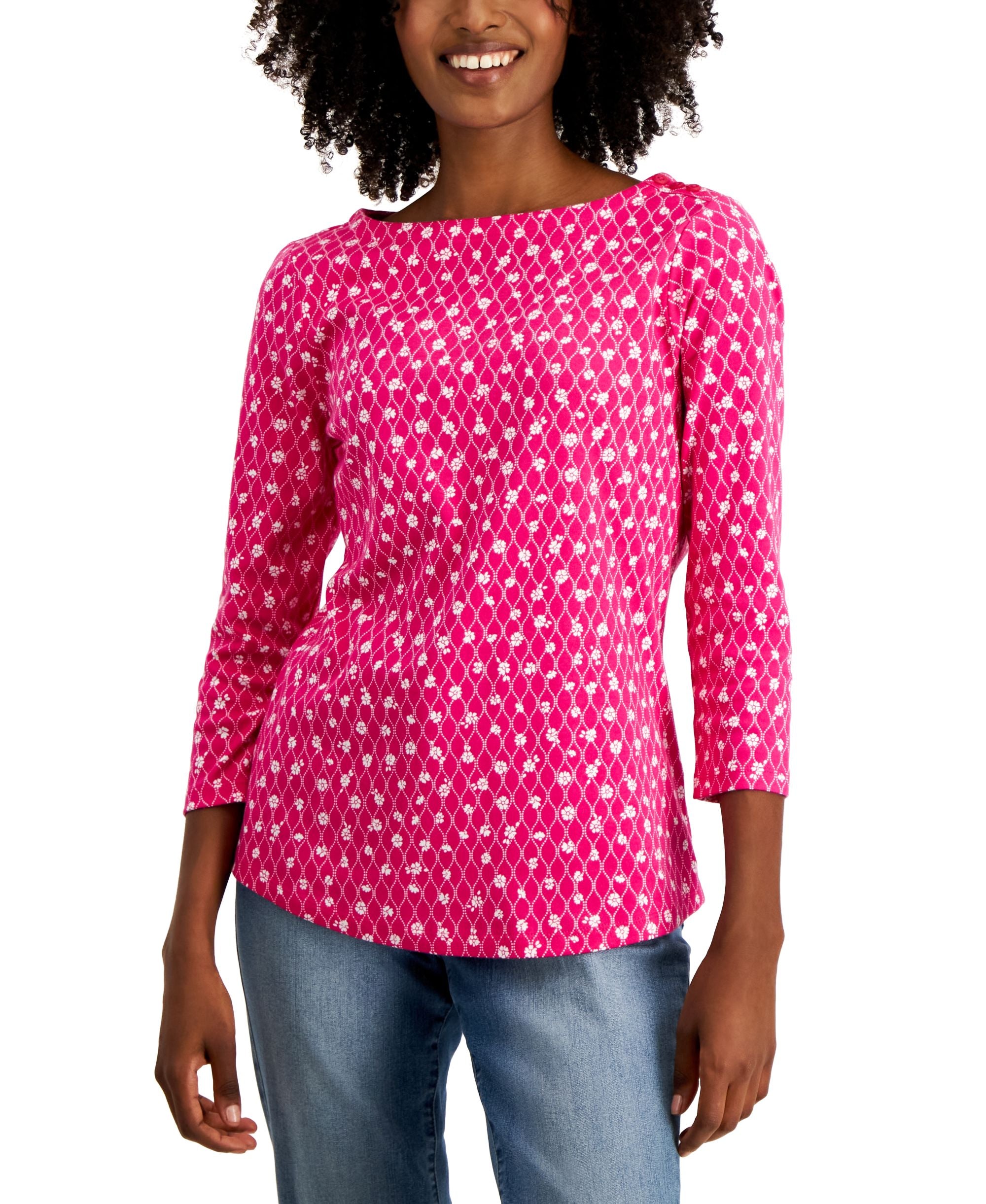 Charter Club Petite Floral Button Shoulder Top