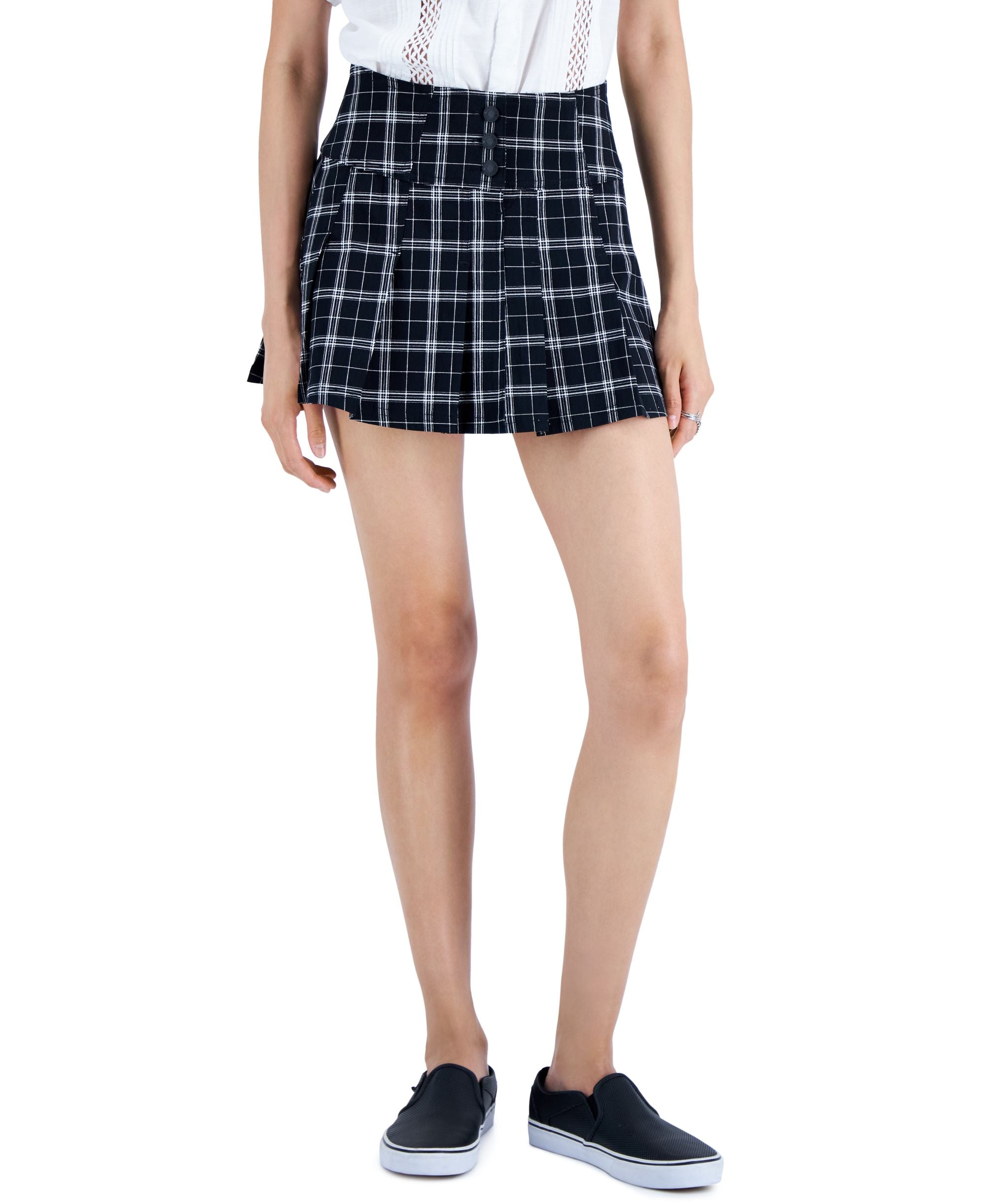 Juniors' Pleated Plaid Micro-Mini Skirt