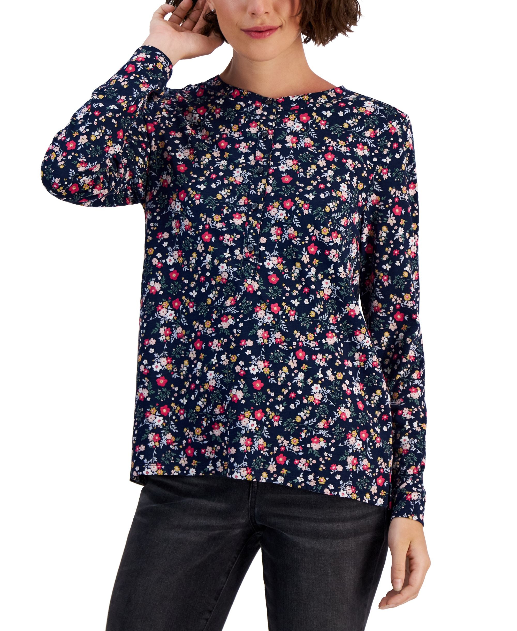 Style & Co Petite Long Sleeve Floral Henley