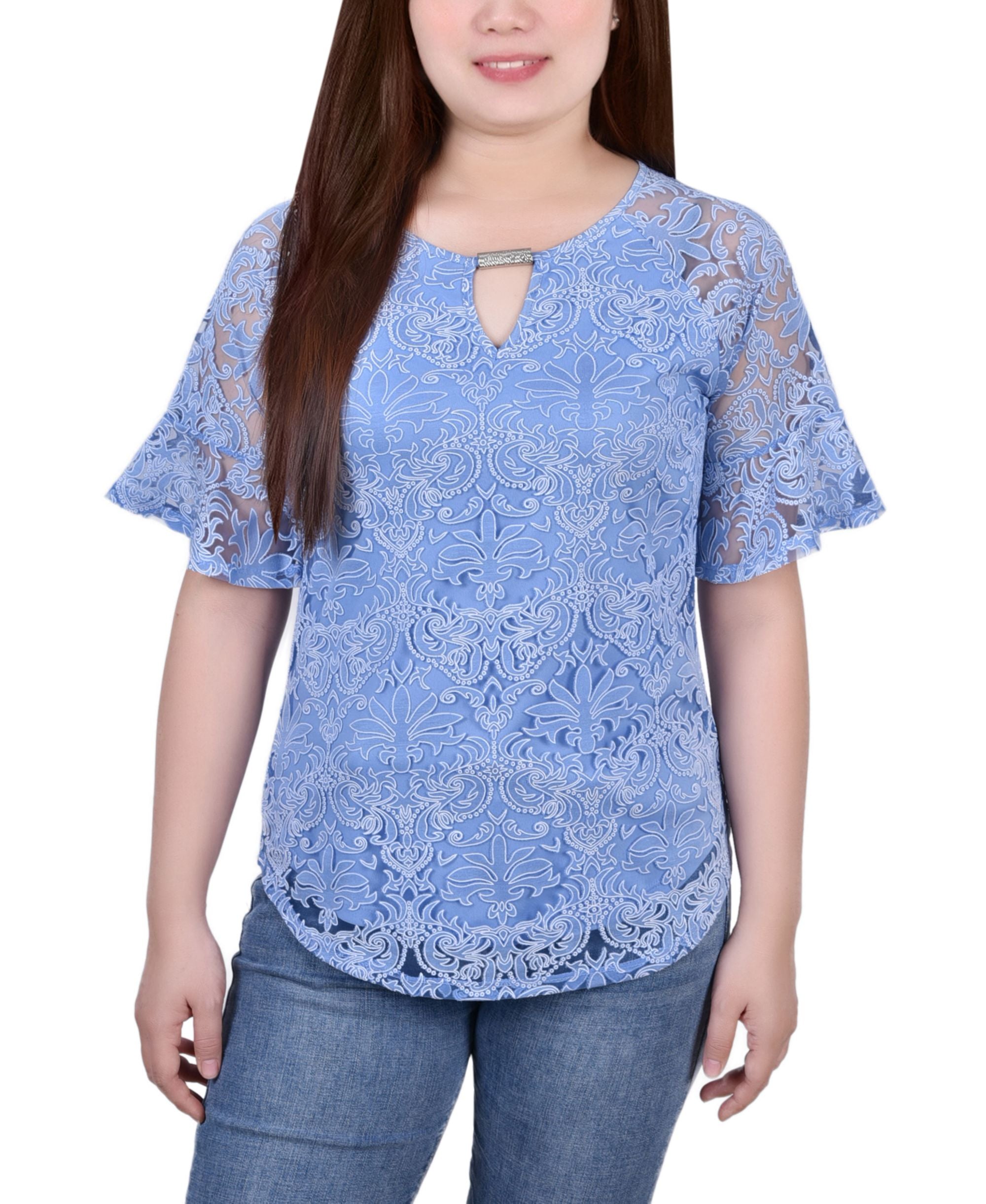 Petite Short Bell Sleeve Lace Blouse
