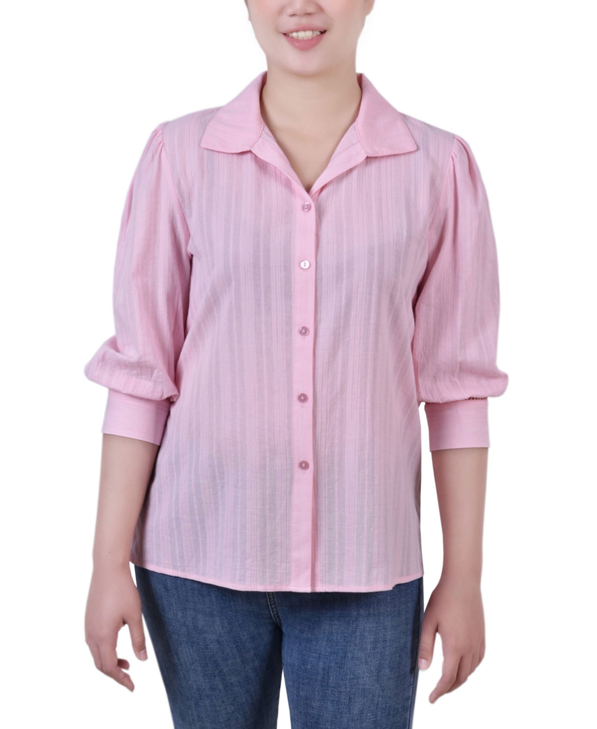 Petite 3/4 Puff Sleeve Cotton Jacquard Blouse