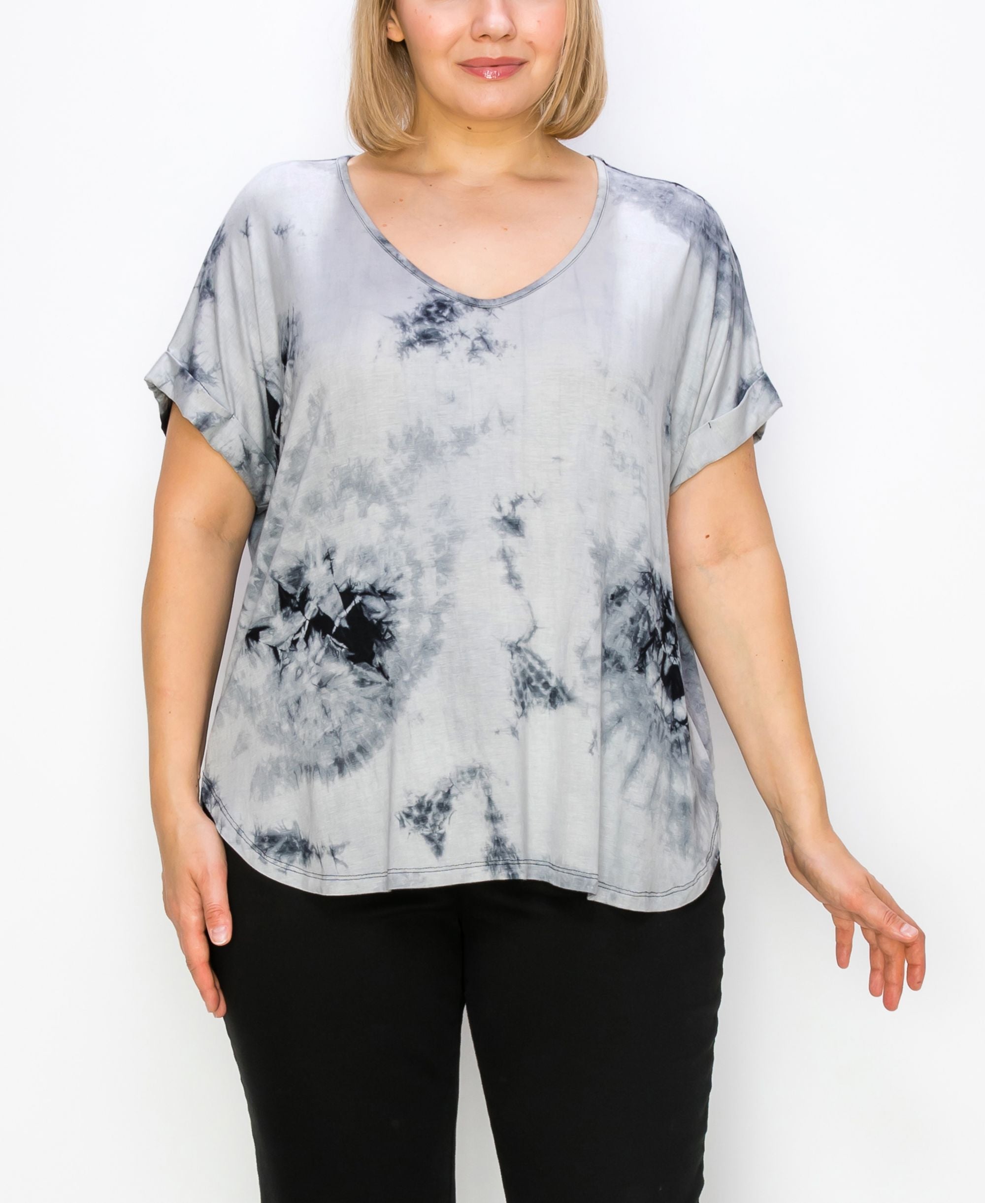 Plus Size Hand Tie Dye V Neck Rolled Sleeve Top