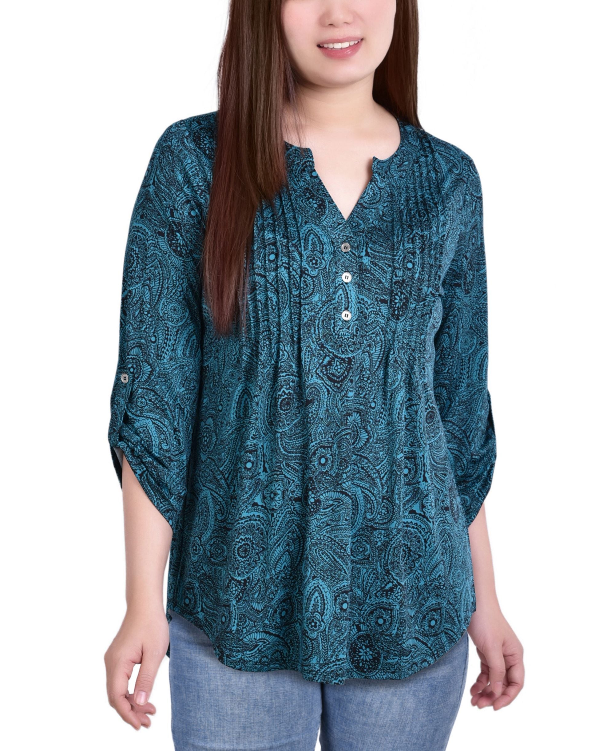 Petite Knit Jacquard 3/4 Sleeve Roll Tab Top