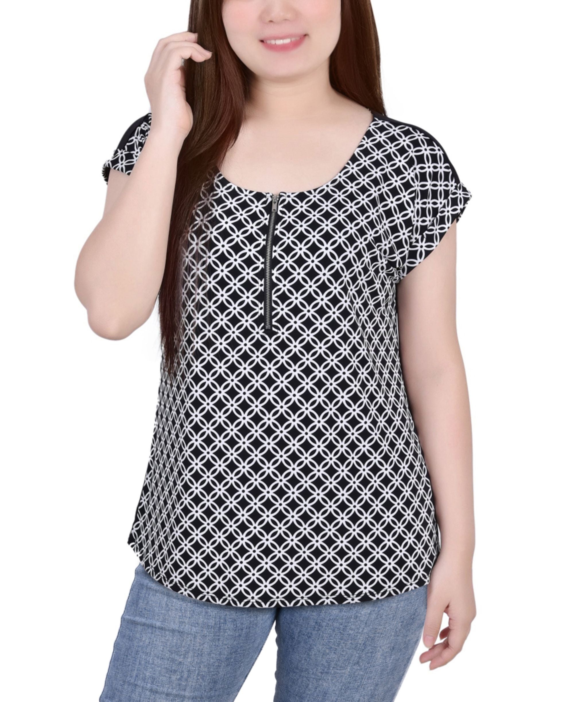 Petite Size Short Sleeve 1/2 Zip Knit Top