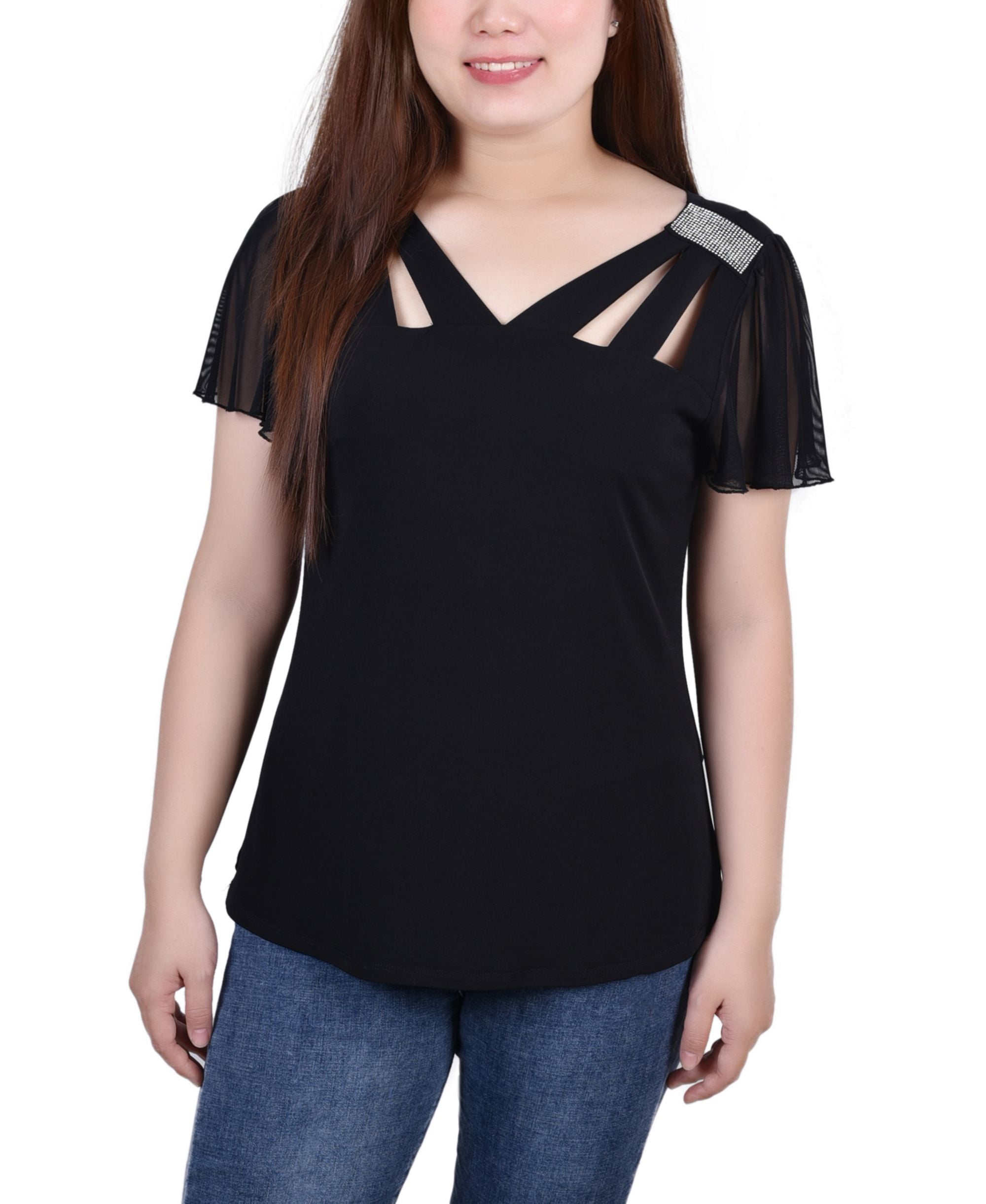 Petite Size Short Flutter Sleeve Top With Cutouts Stones