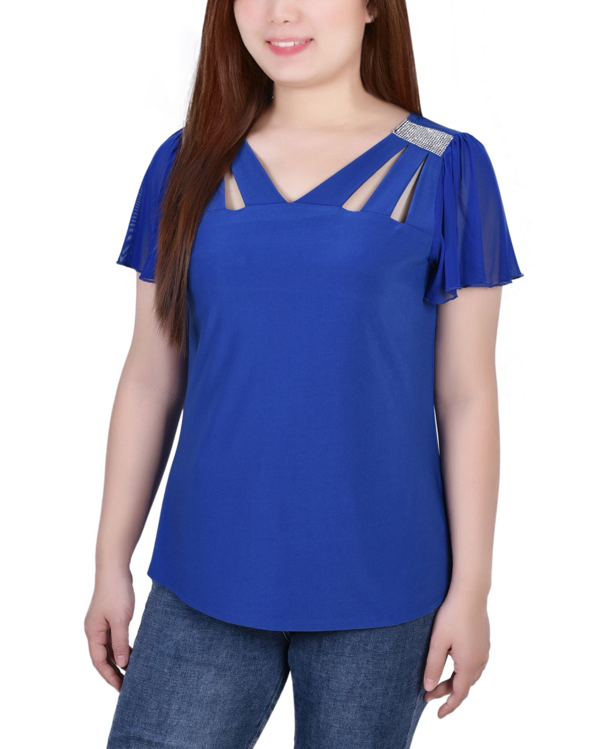 Petite Size Short Flutter Sleeve Top with Cutouts and Stones