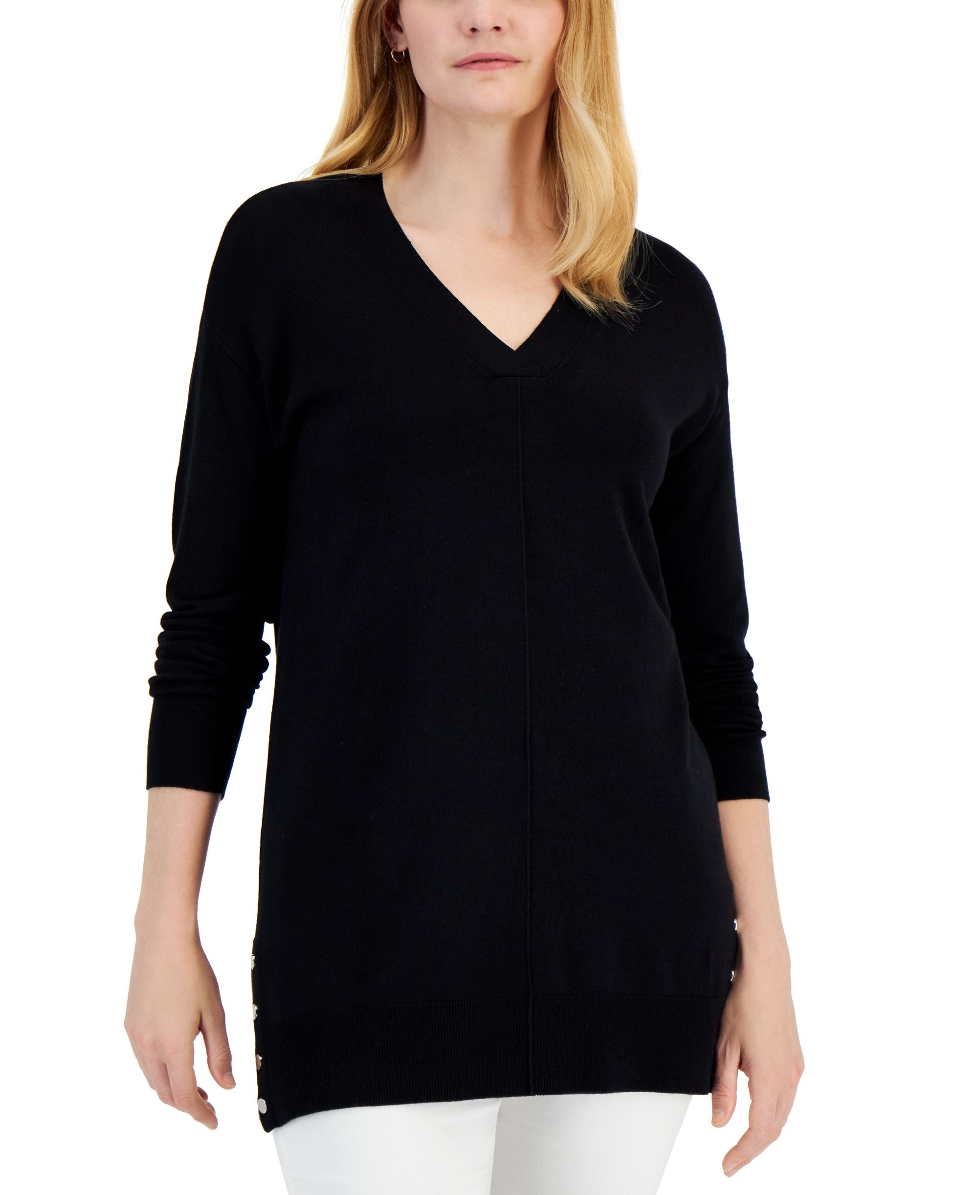 Women's V-Neck Side-Snap Tunic Sweater