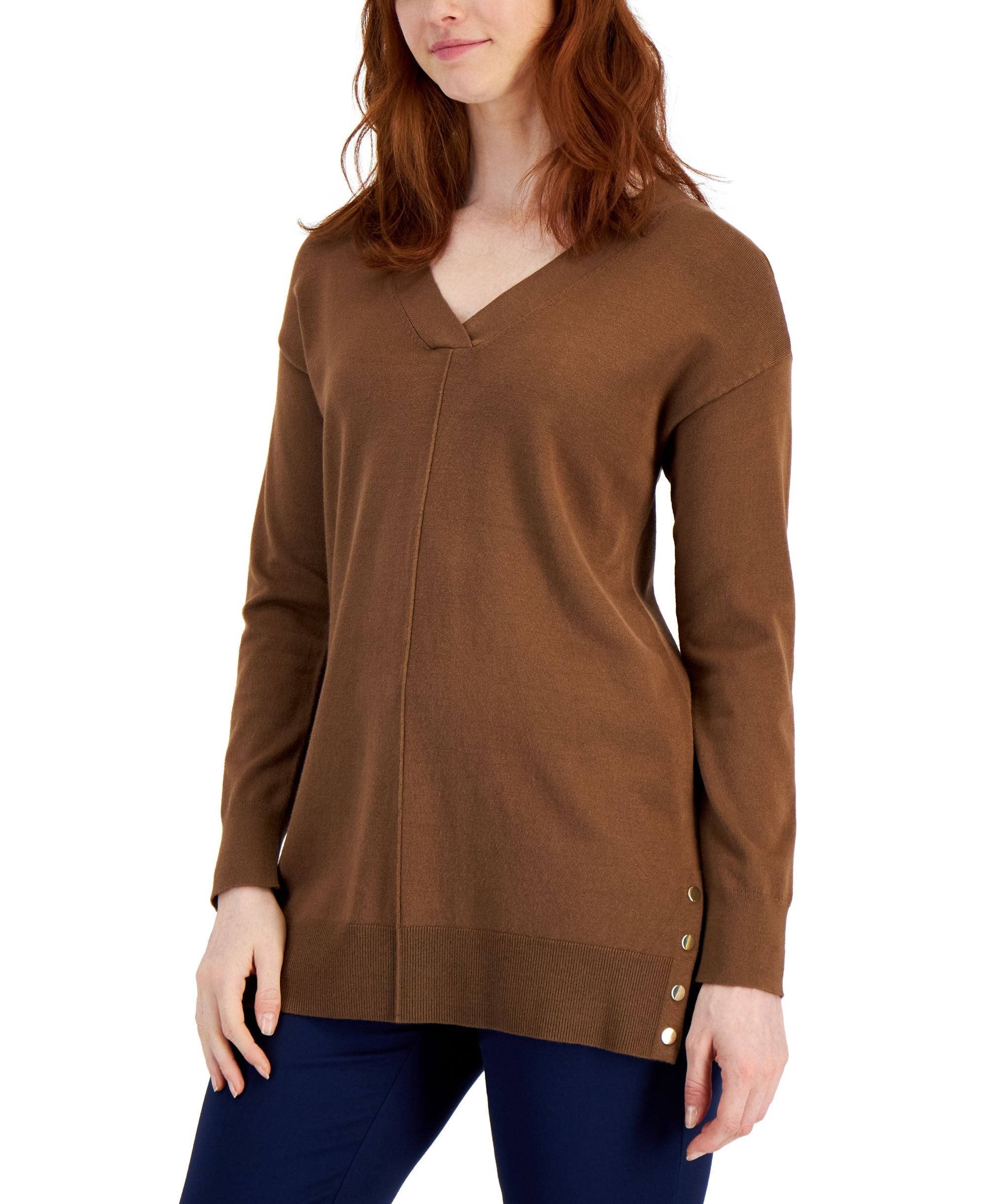 Women's V-Neck Side-Snap Tunic Sweater