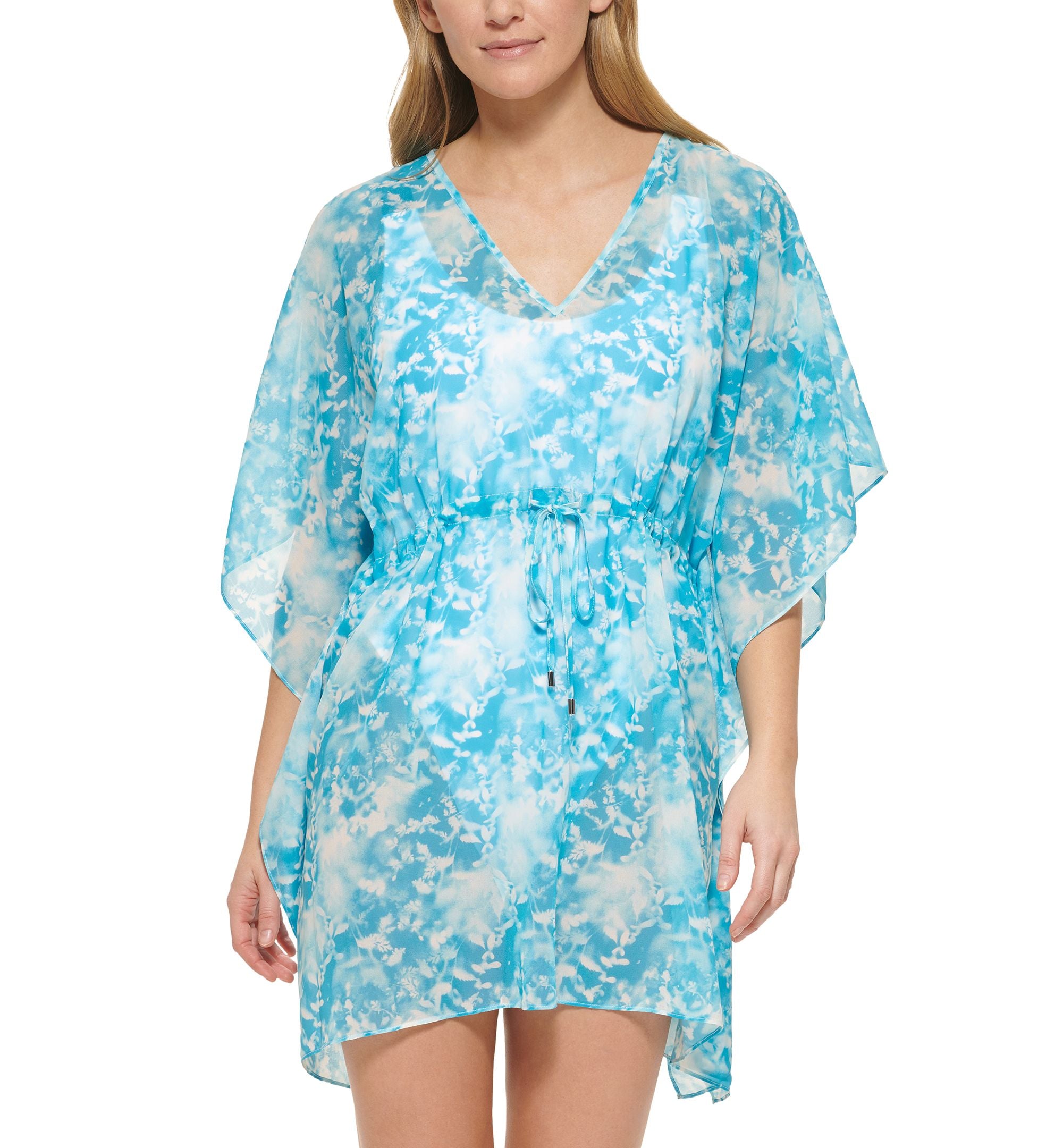 Women's Printed Drawstring Kaftan Cover-Up With Self Bag