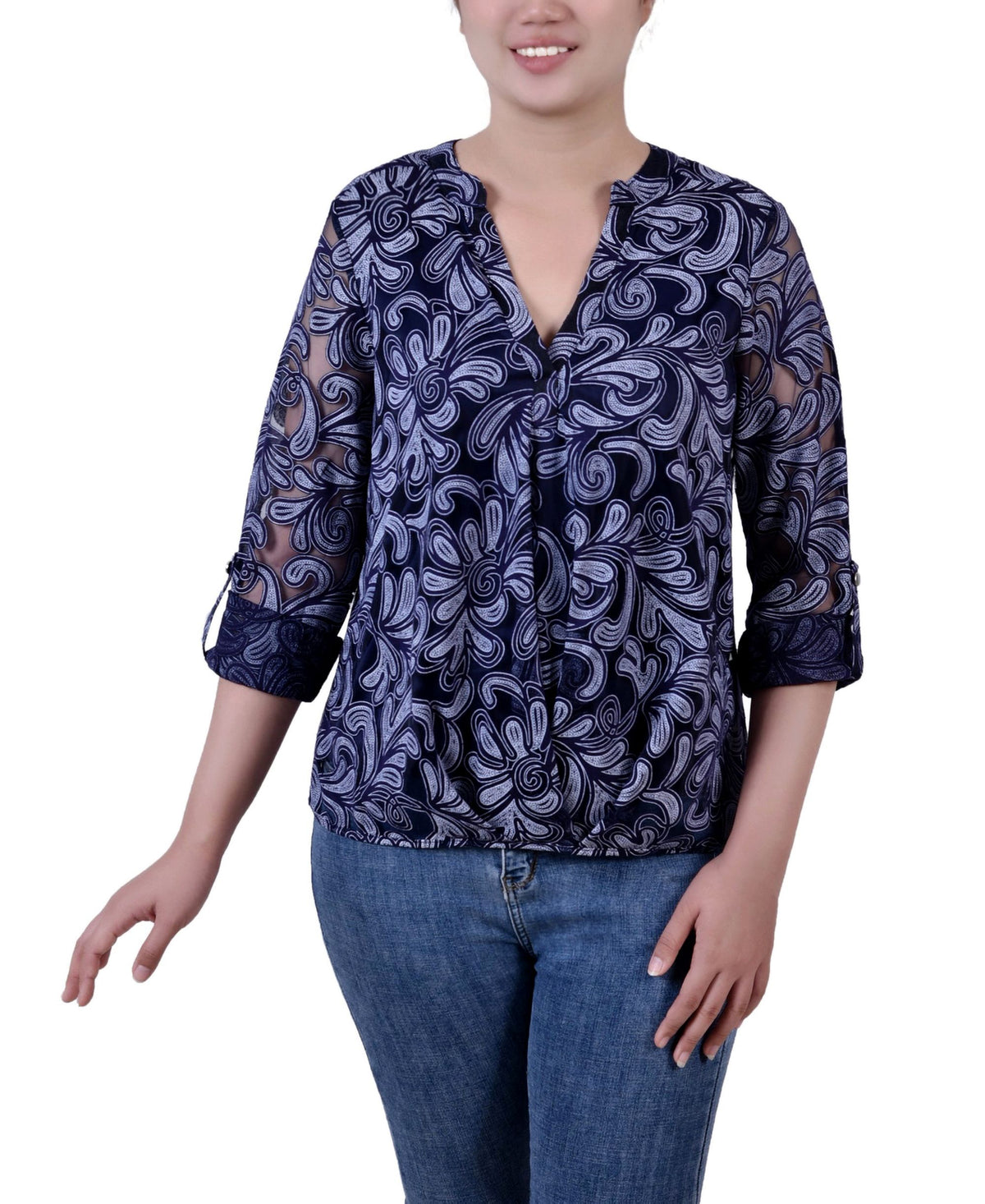 Petite Long Sleeve Burnout Y-Neck Blouse