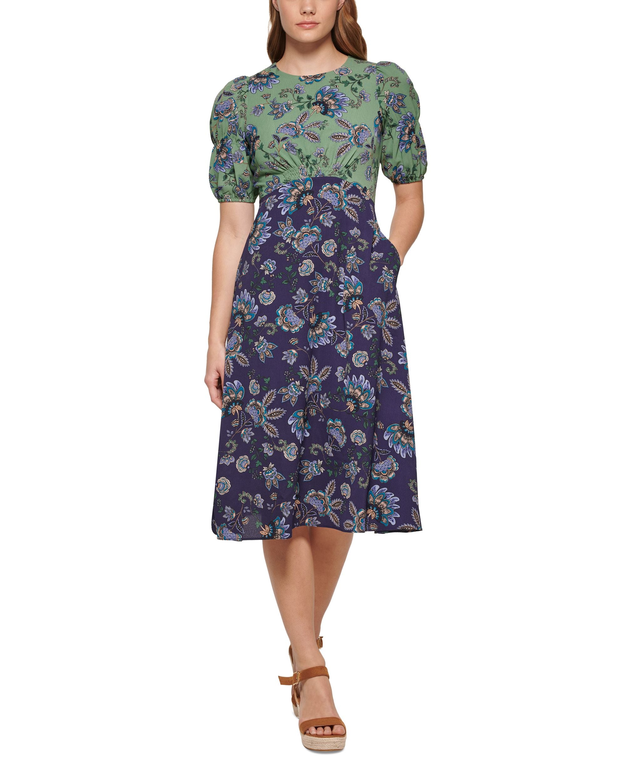 Vince Camuto Womens Mixed Media Printed Dress