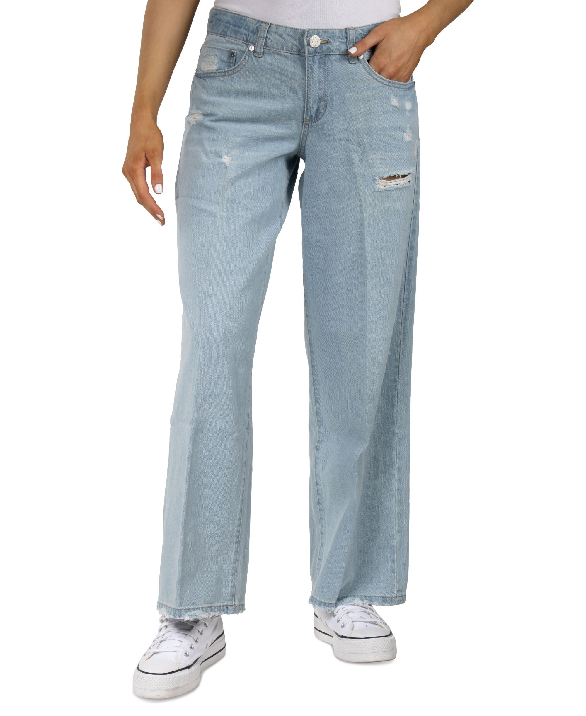 Juniors' Cotton Distressed Wide-Leg Jeans
