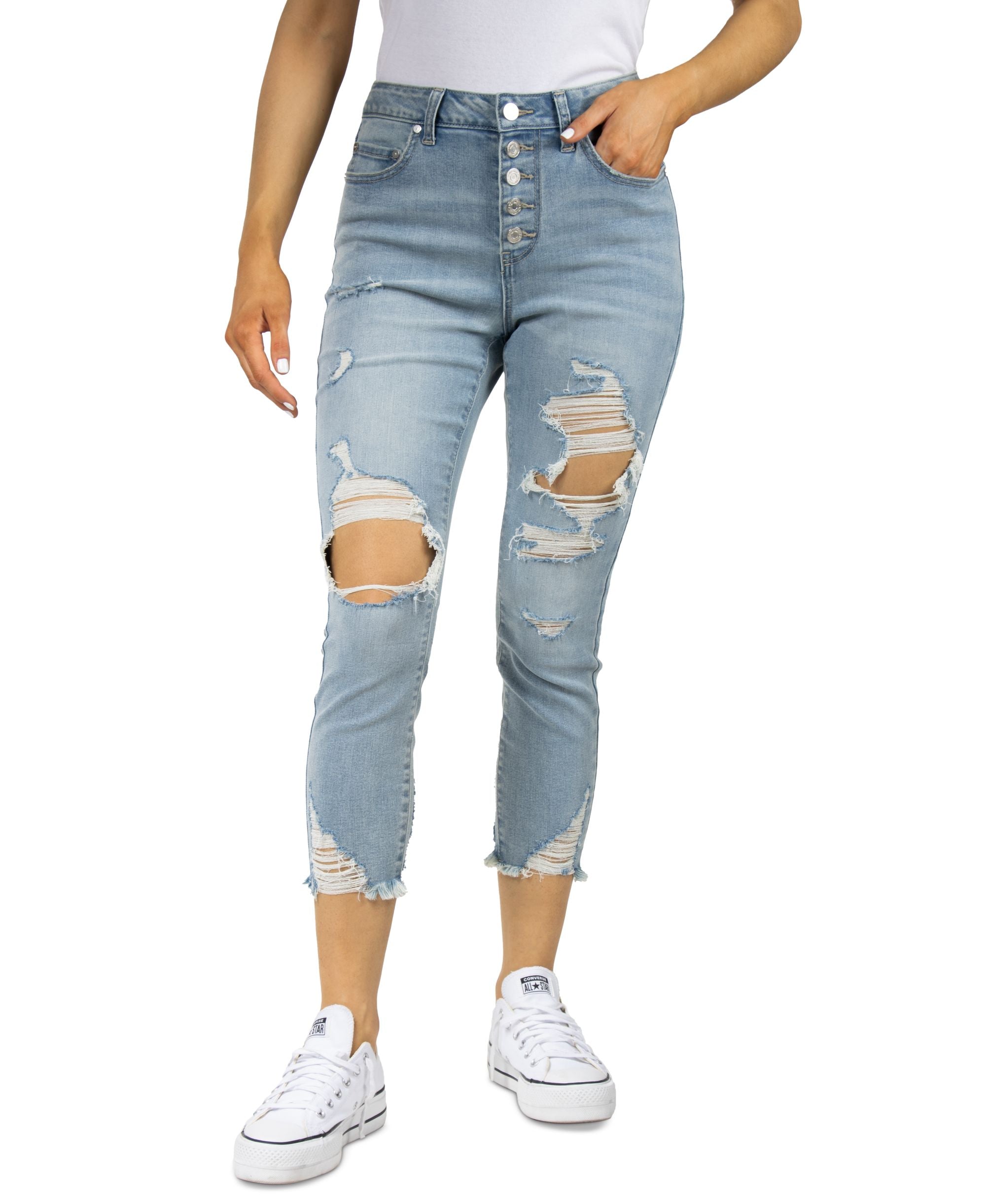 Juniors' Ripped High Rise Cropped Jeans