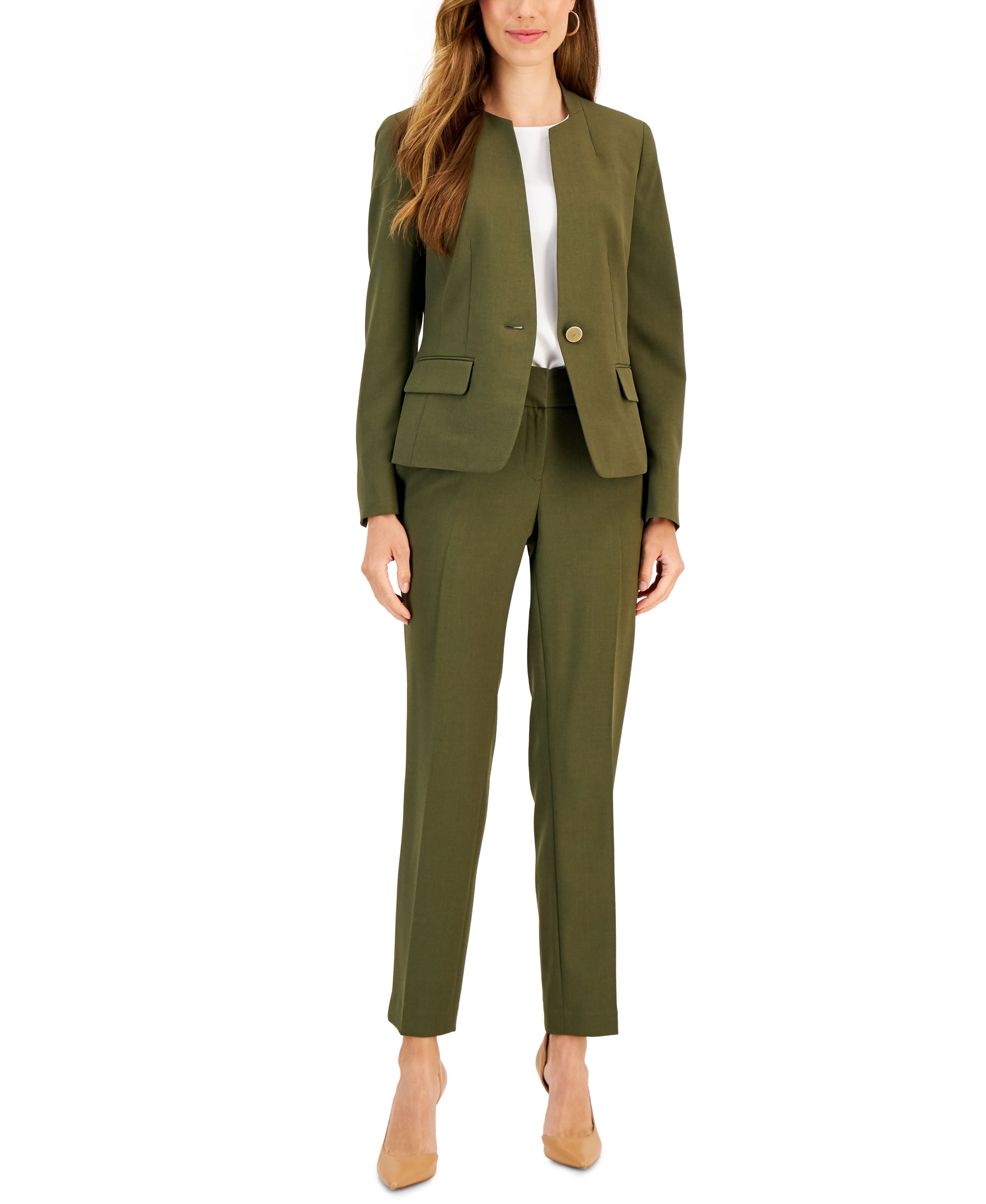 Single-Button Blazer and Slim-Fit Pantsuit, Regular and Petite Sizes
