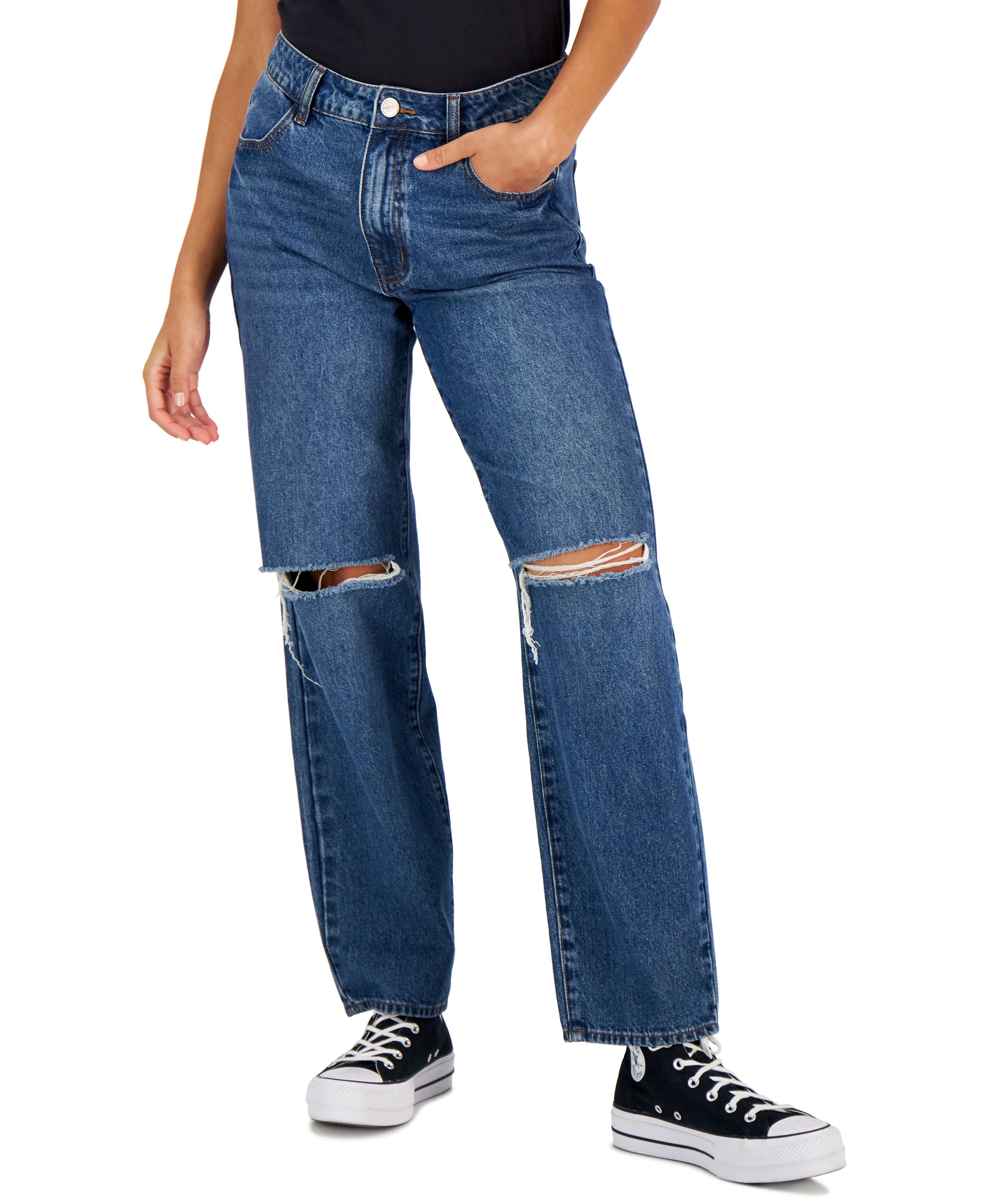 Juniors' Ripped Knee High-Rise Dad Jeans