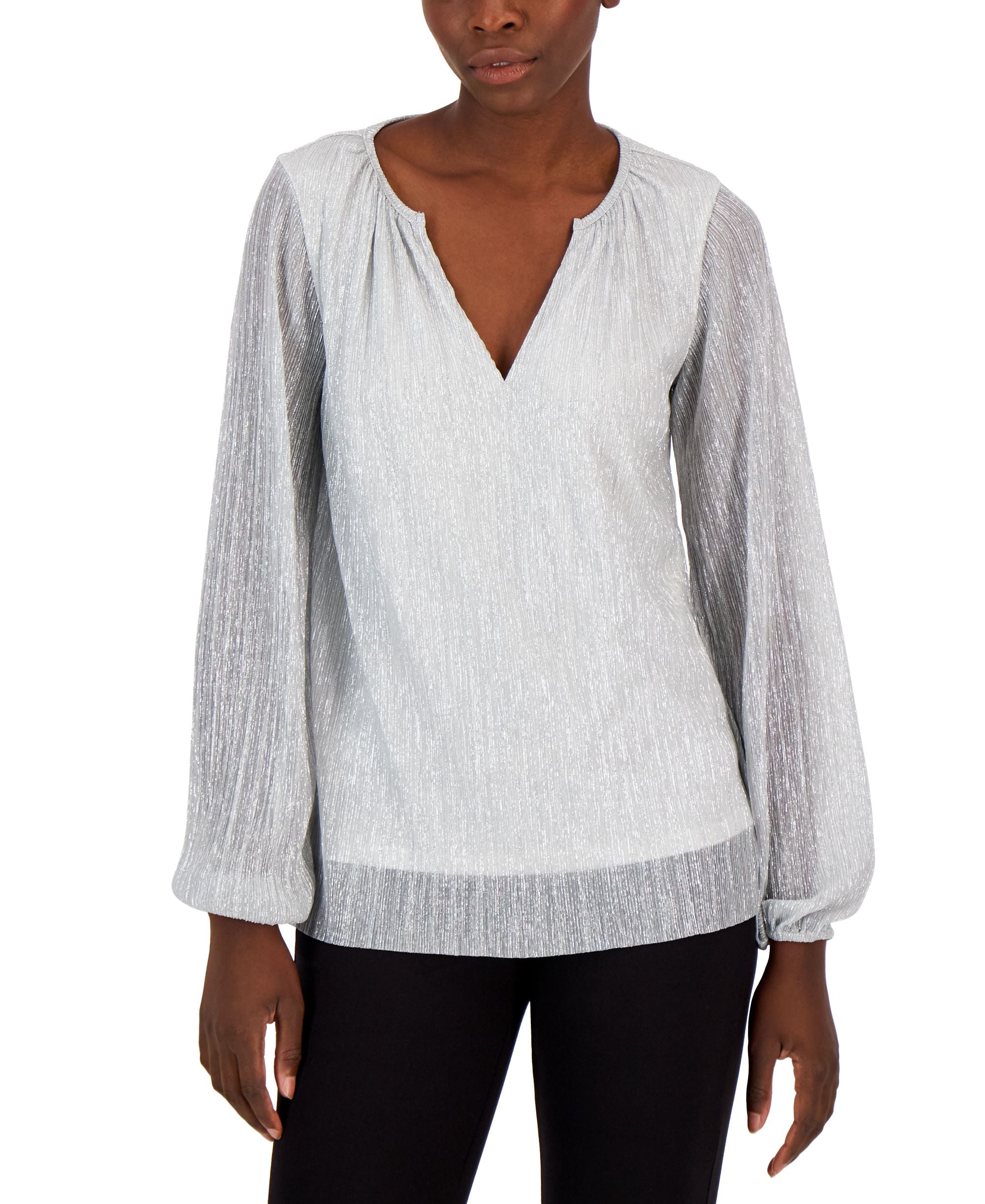 Alfani Womens Pleated Long Sleeve Shimmer Top