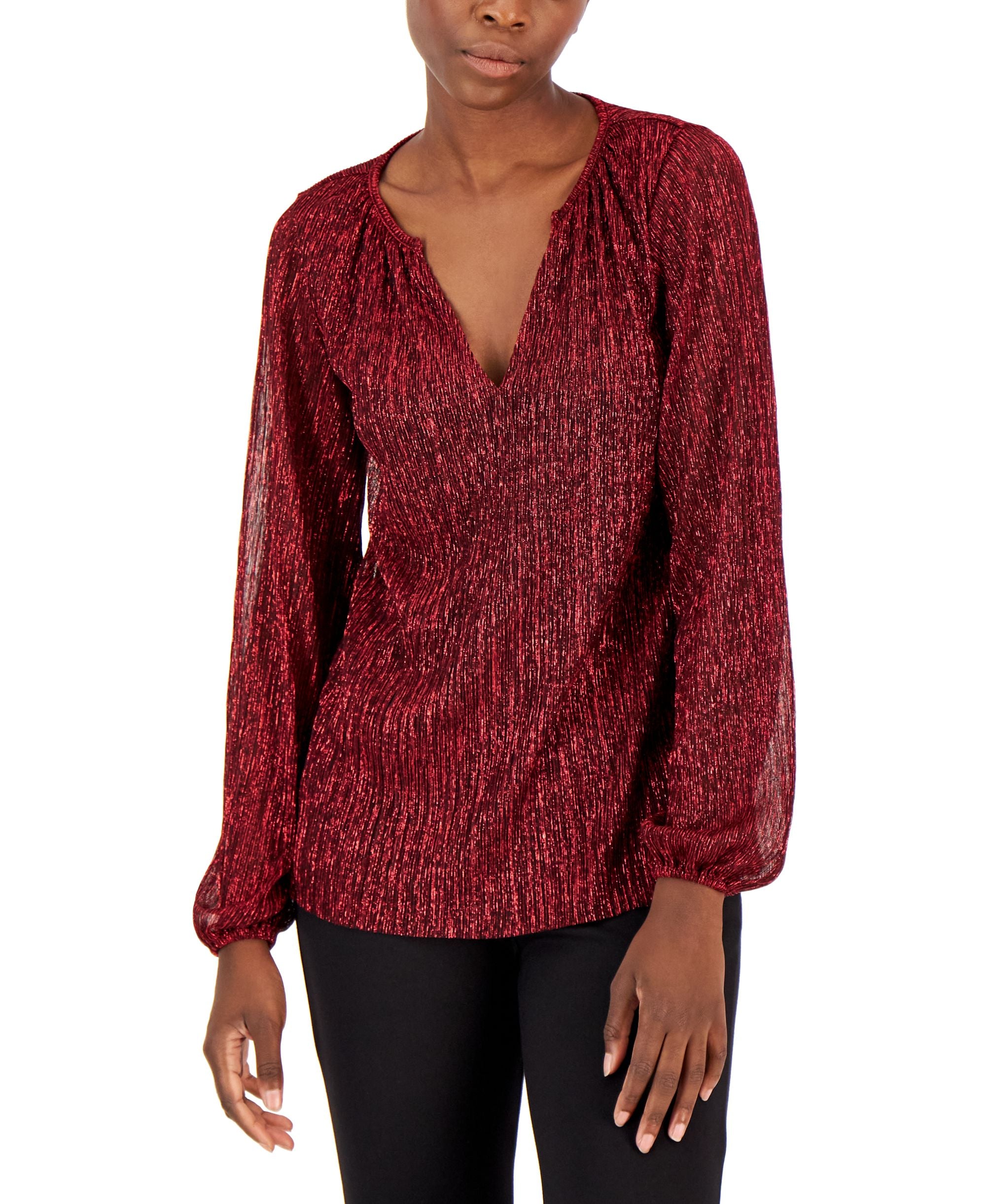 Alfani Womens Pleated Long Sleeve Shimmer Top