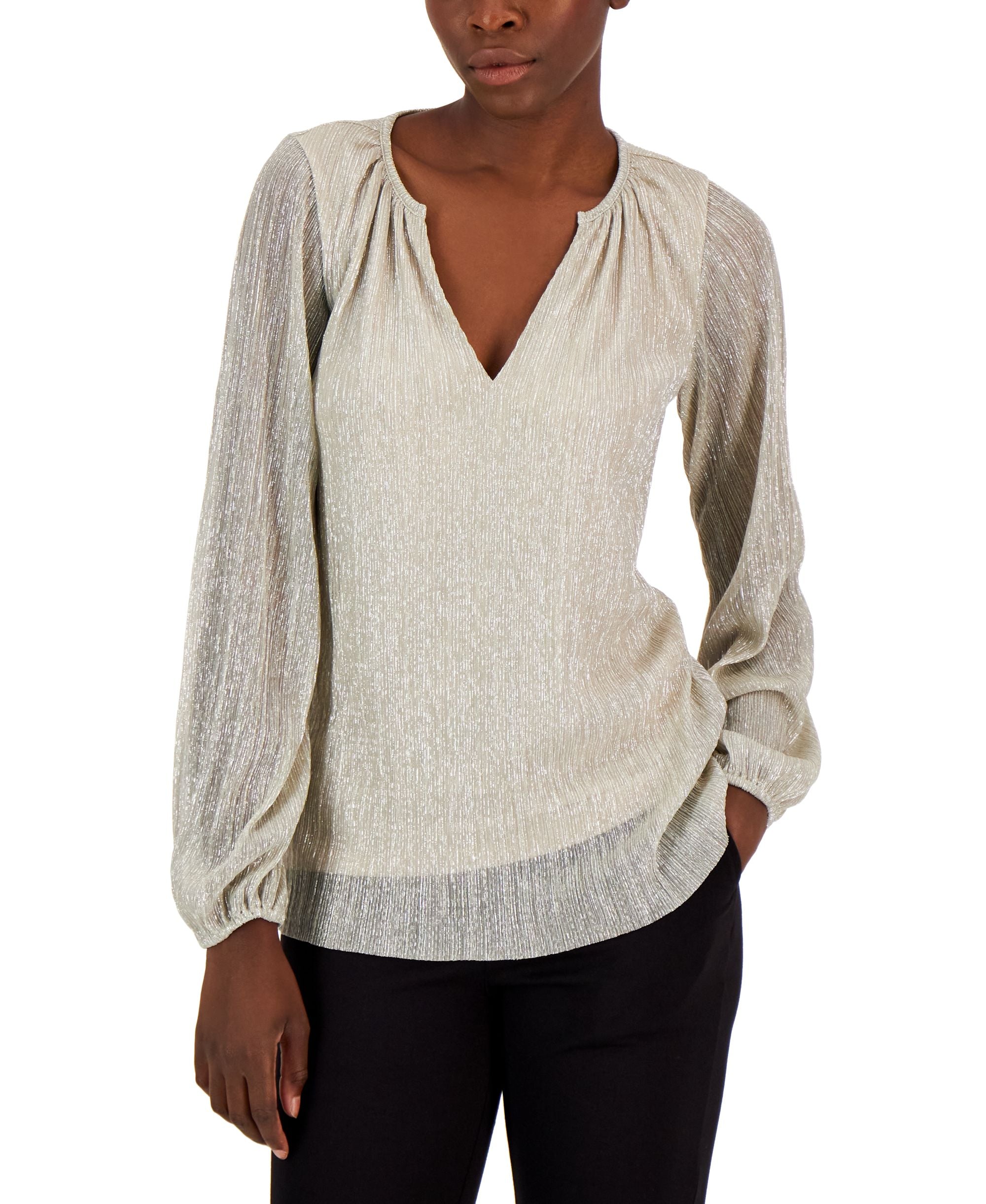 Alfani Womens Pleated Long Sleeve Shimmer Top