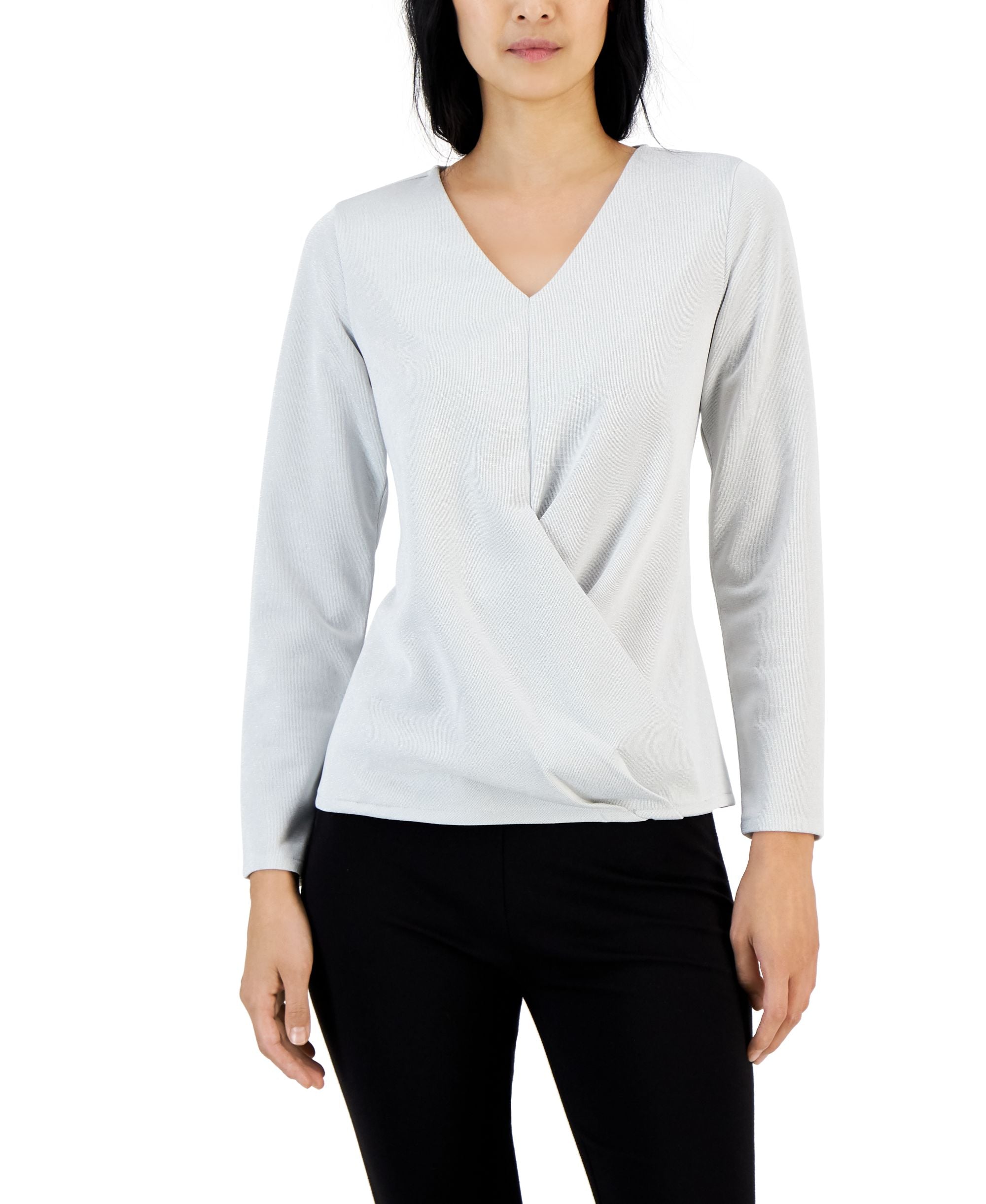 Alfani Womens Metallic Wrap Front Knit Top