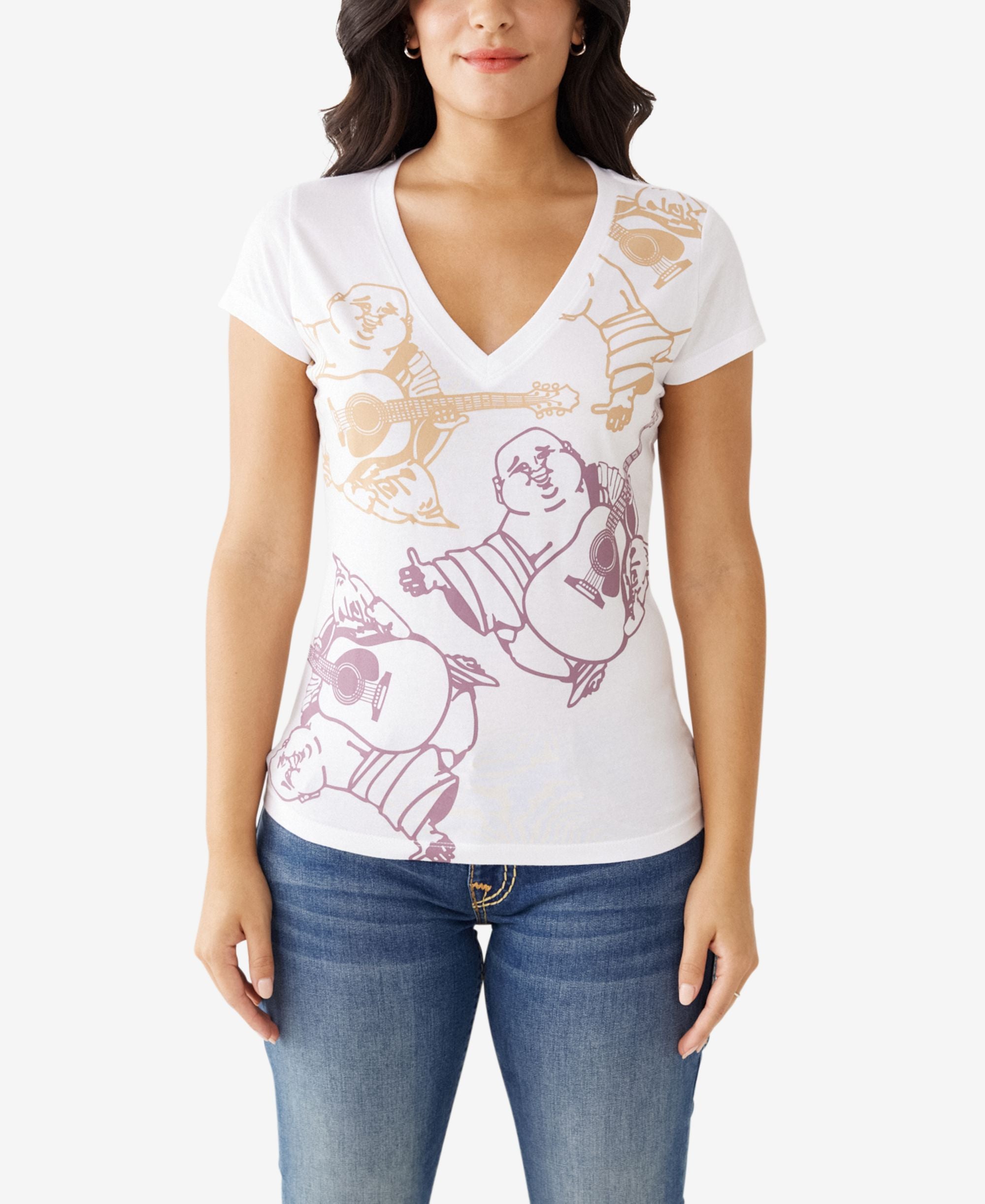 Womens Allover Buddha Slim V Neck T-Shirt