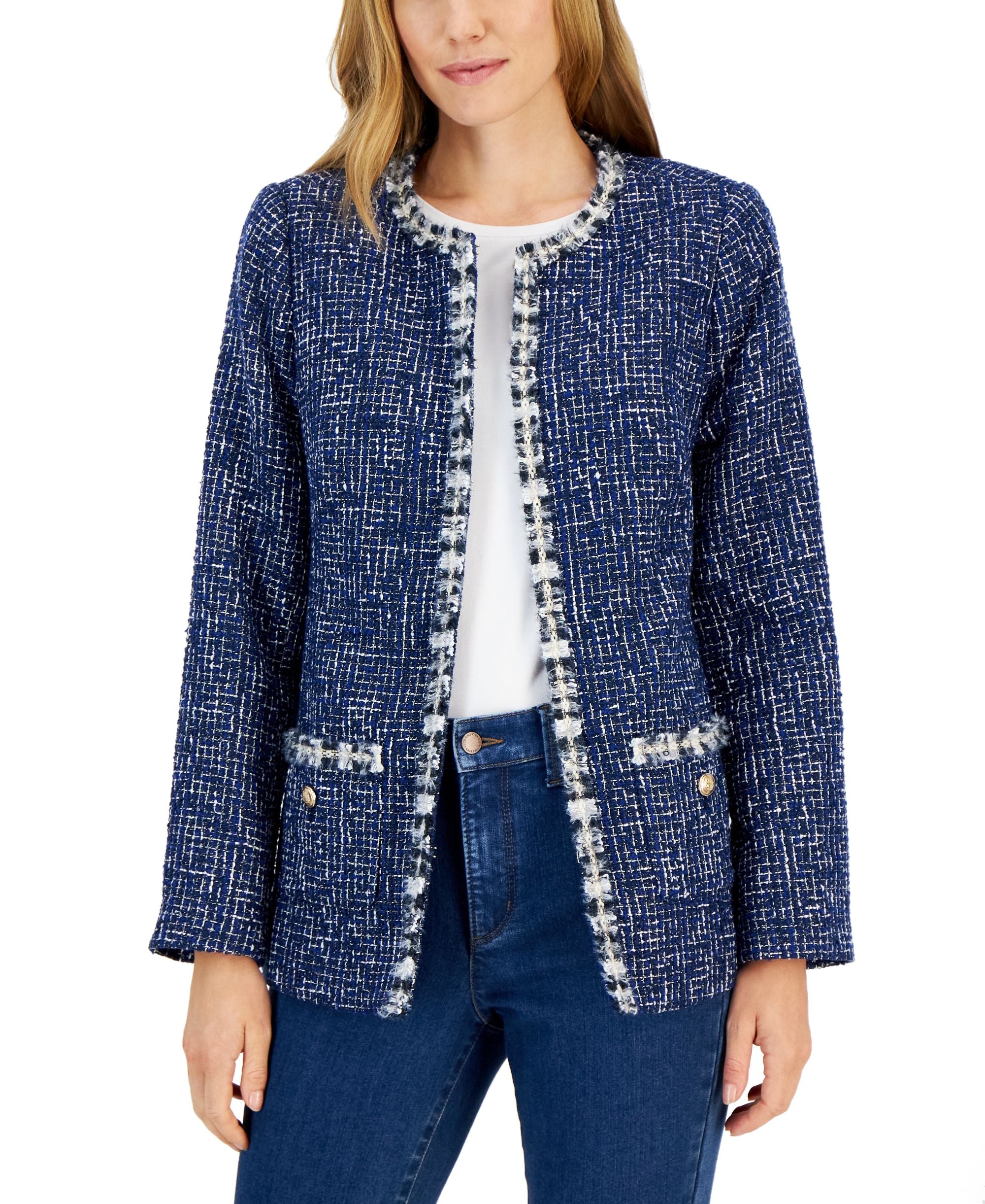 Women's Tweed Collarless Patch-Pocket Jacket