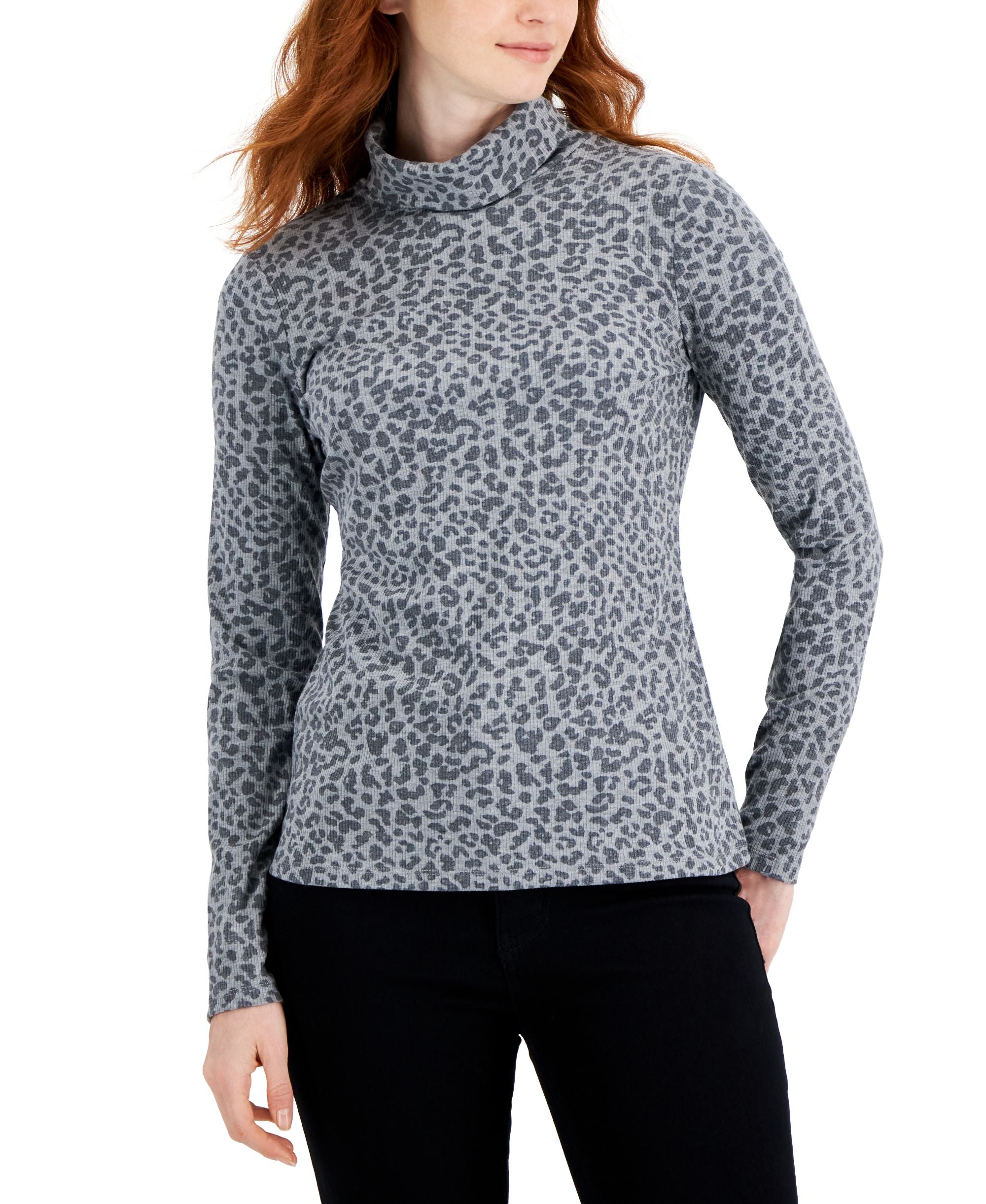 Style & Co Womens Leopard Turtleneck Sweater