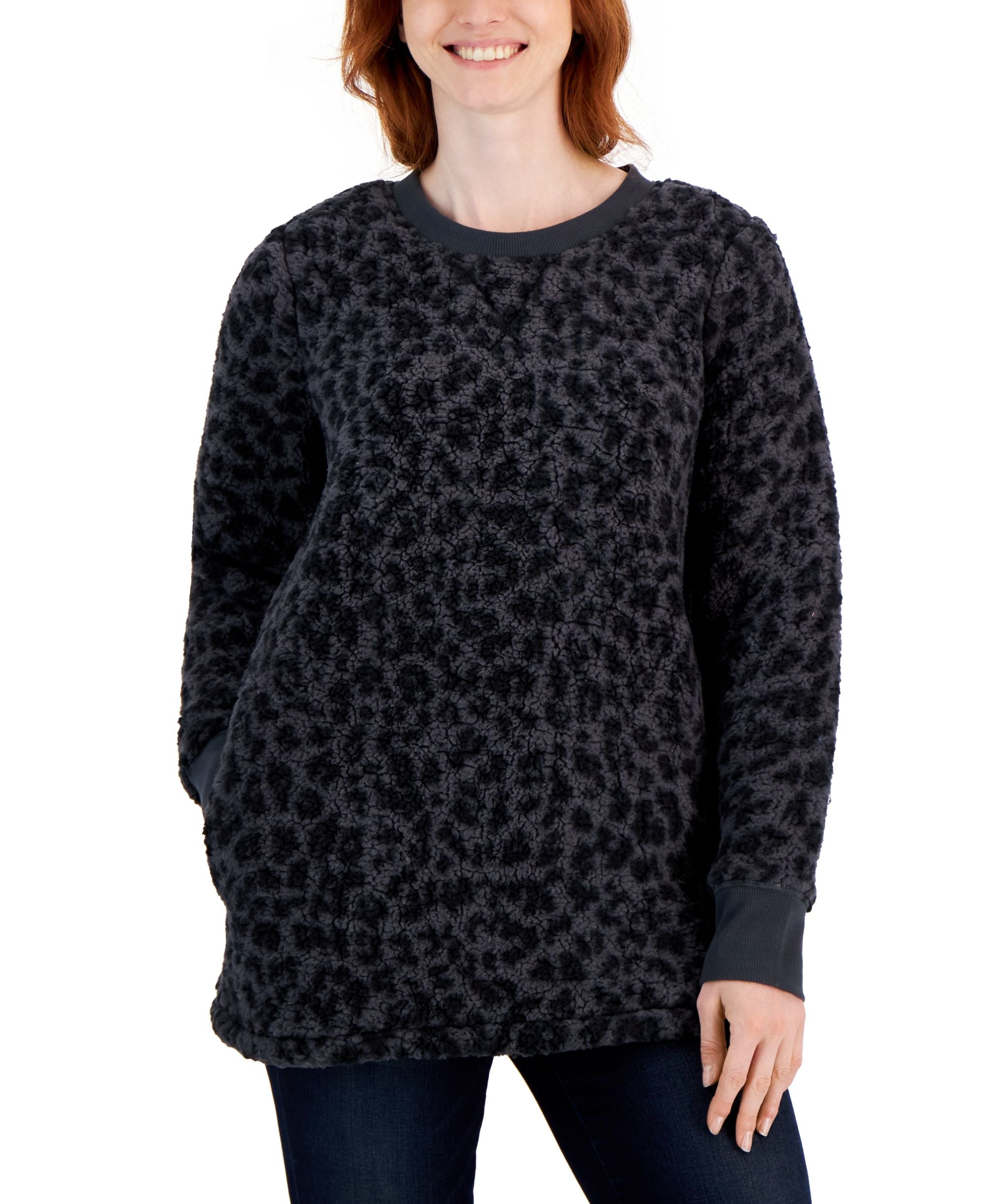 Style & Co Womens Printed Crewneck Fleece Tunic