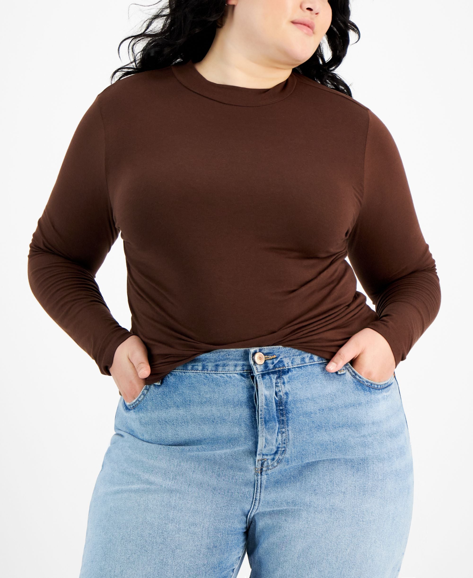 Trendy Plus Size Mock Neck Long-Sleeve Top