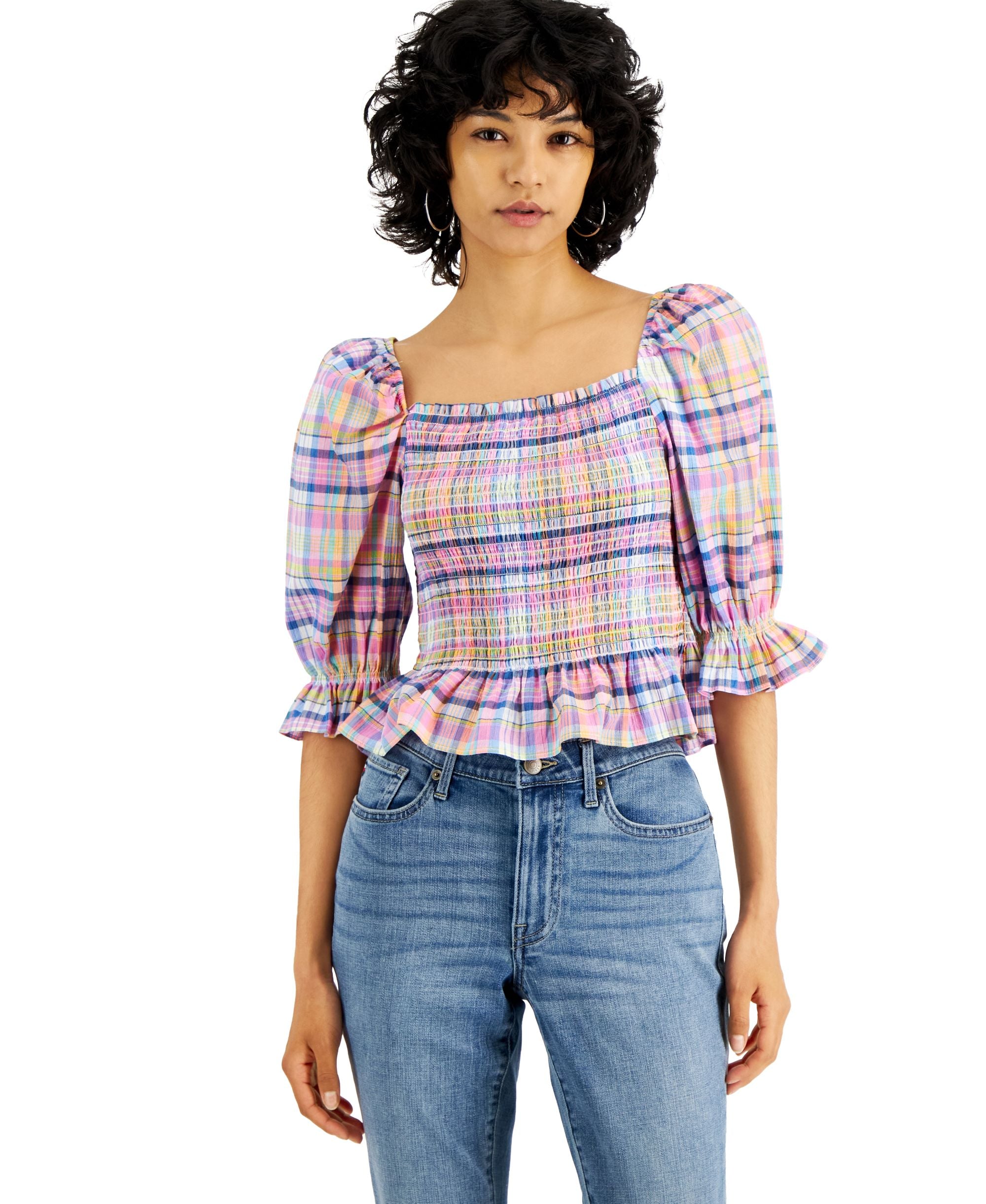 Tommy Hilfiger Womens Cotton Plaid Smocked Top