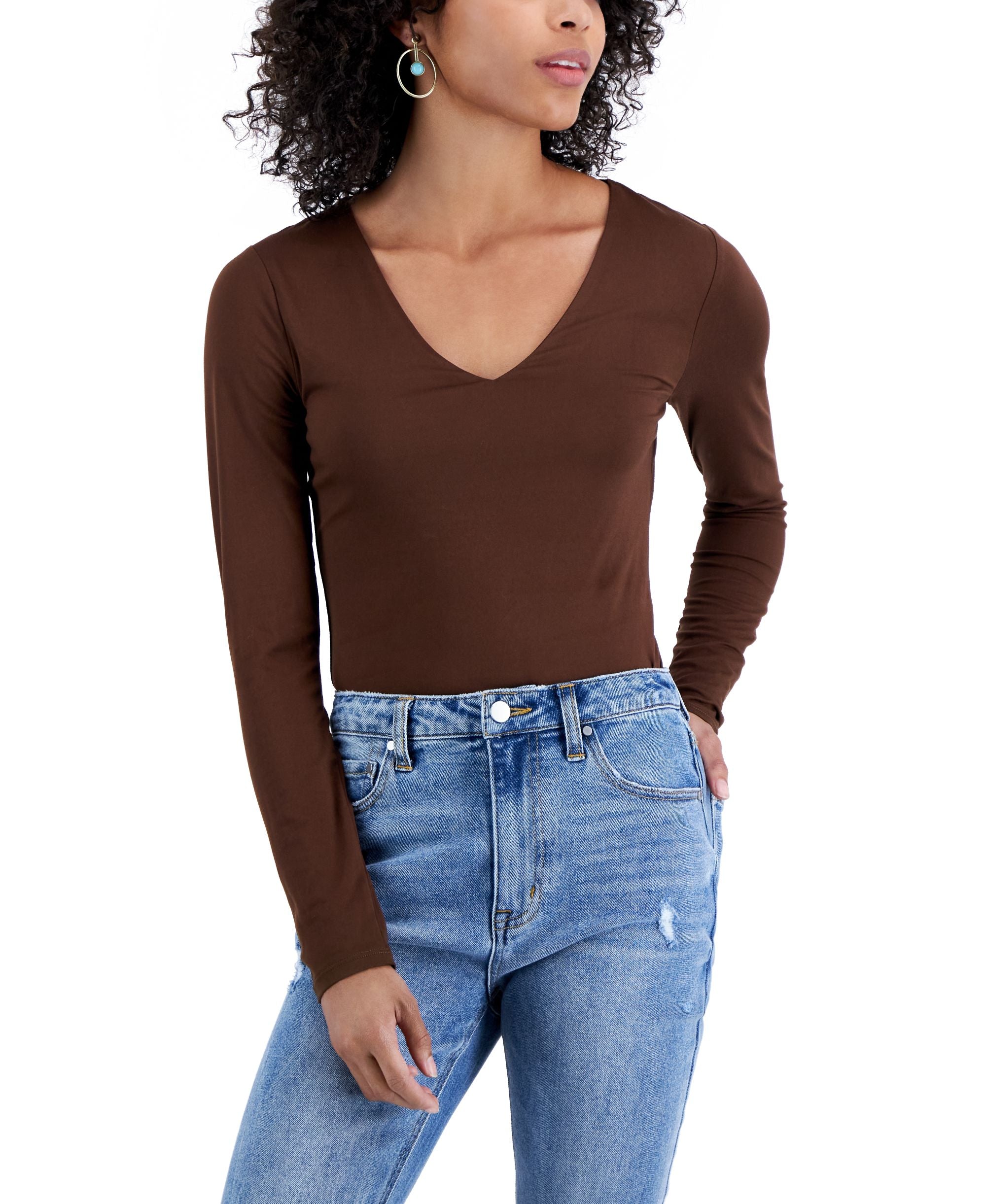 Juniors' V-Neck Long-Sleeve Bodysuit