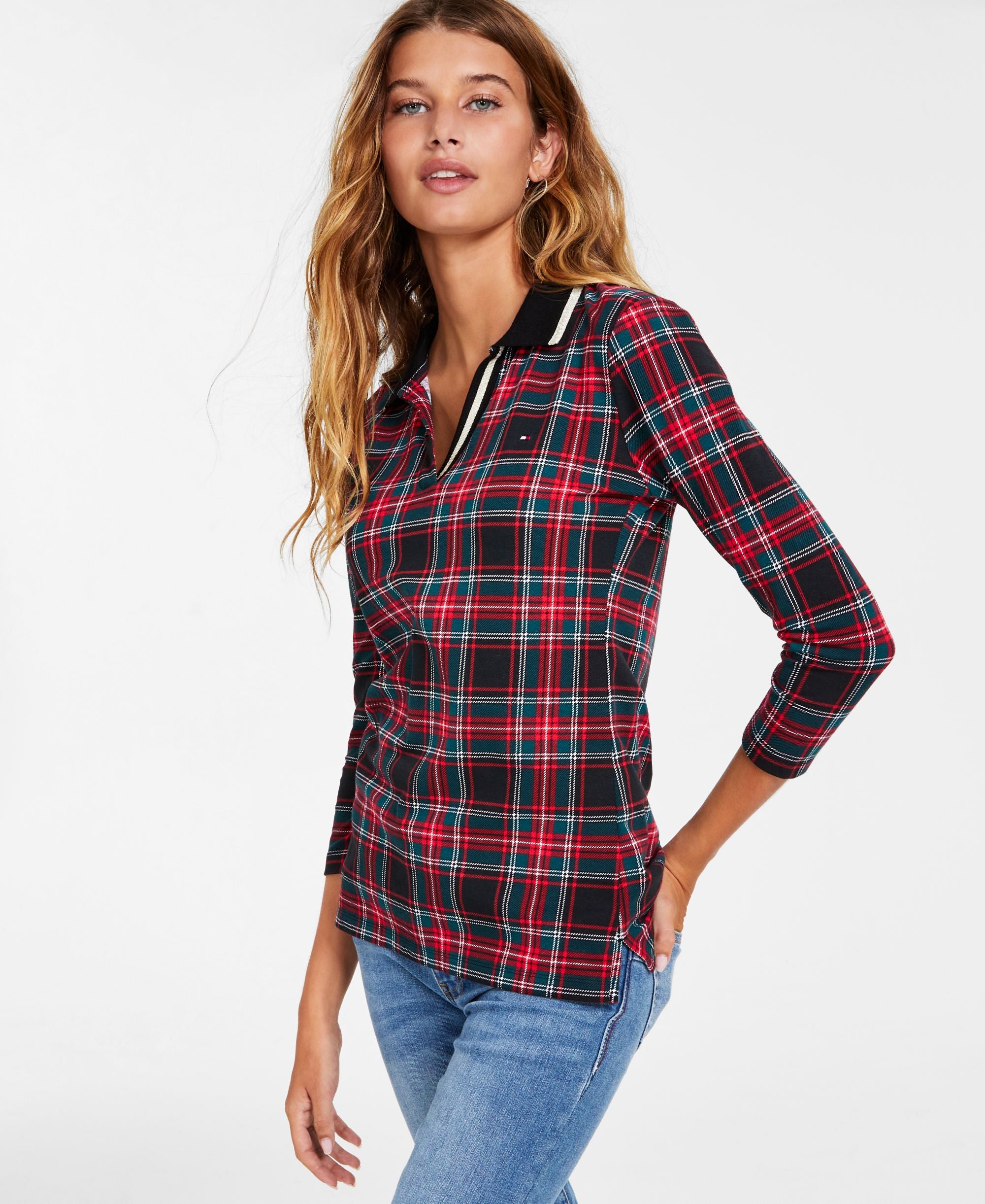 Tommy Hilfiger Womens Johnny Collar 3/4 Sleeve Top