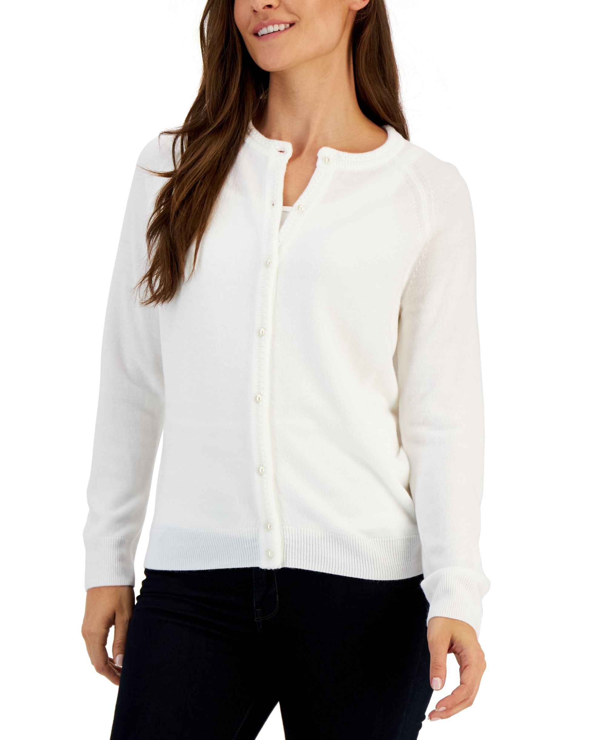 Women's Pearlized Button Crewneck Cardigan