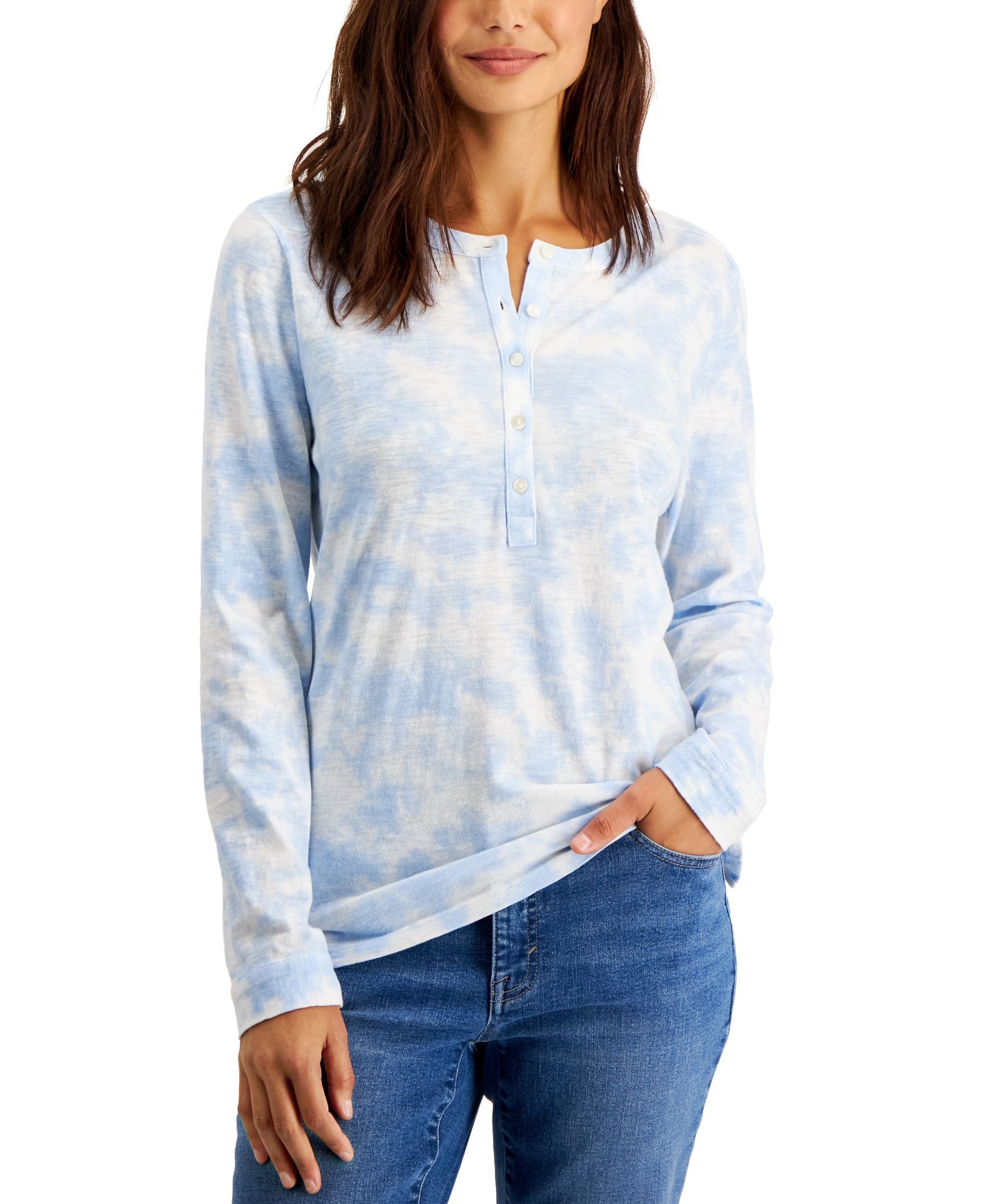 Style & Co Petite Cotton Tie Dyed Henley Long Sleeve Top