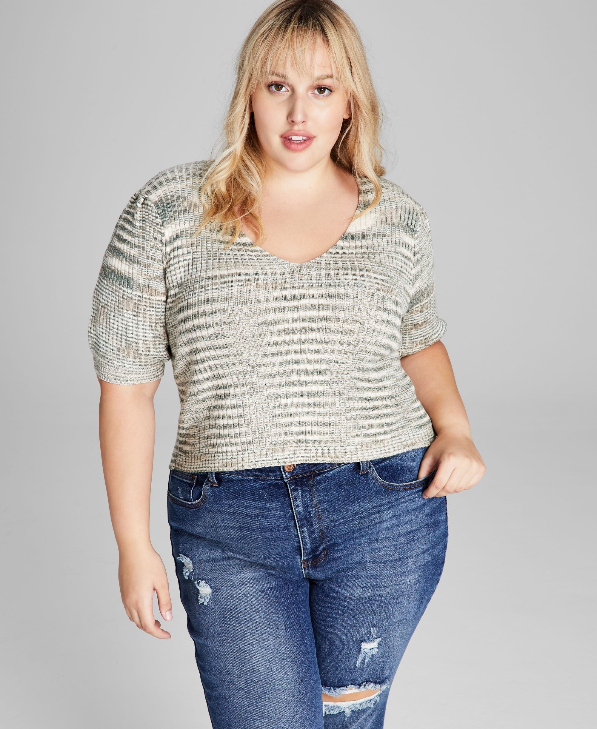 Trendy Plus Size Space-Dyed Puff-Sleeve Top