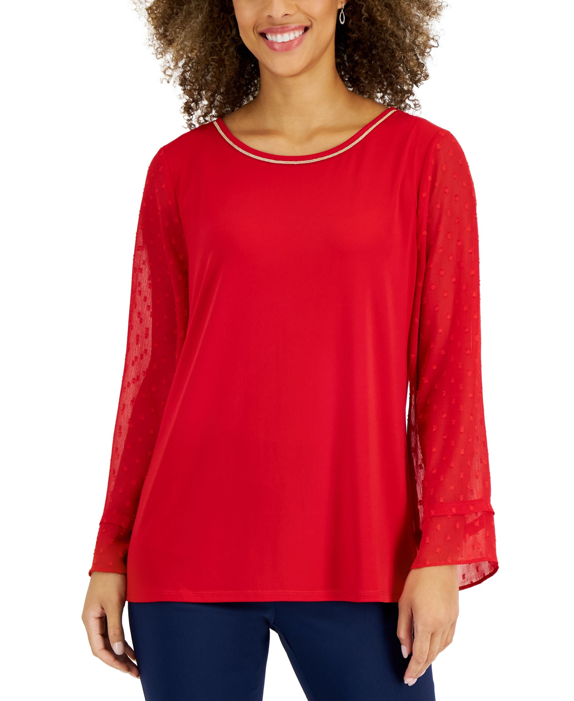 JM Collection Womens Sequin Neck Sheer Sleeve Top
