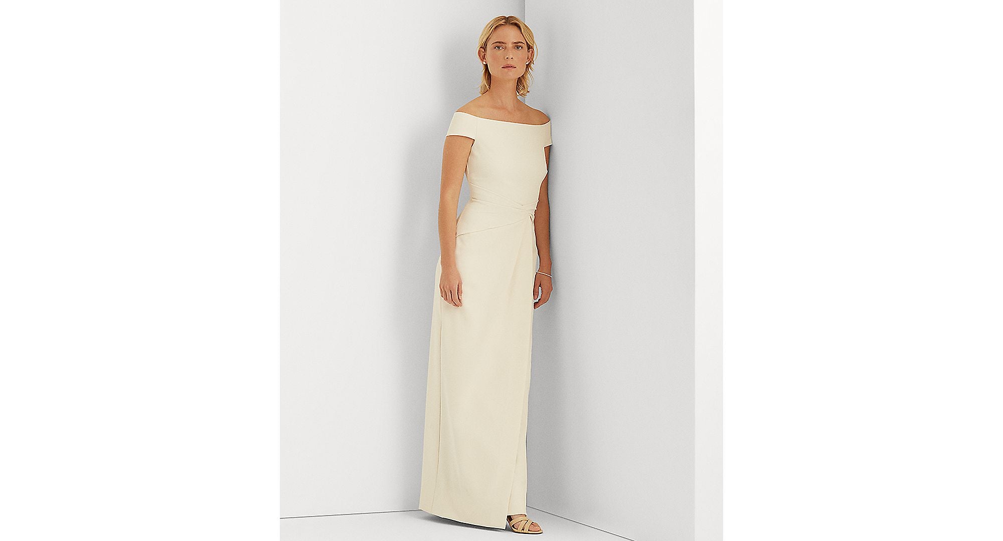 Lauren Ralph Lauren Womens Crepe Off-the-Shoulder Size-Slit Column Gown Winter Cream 8