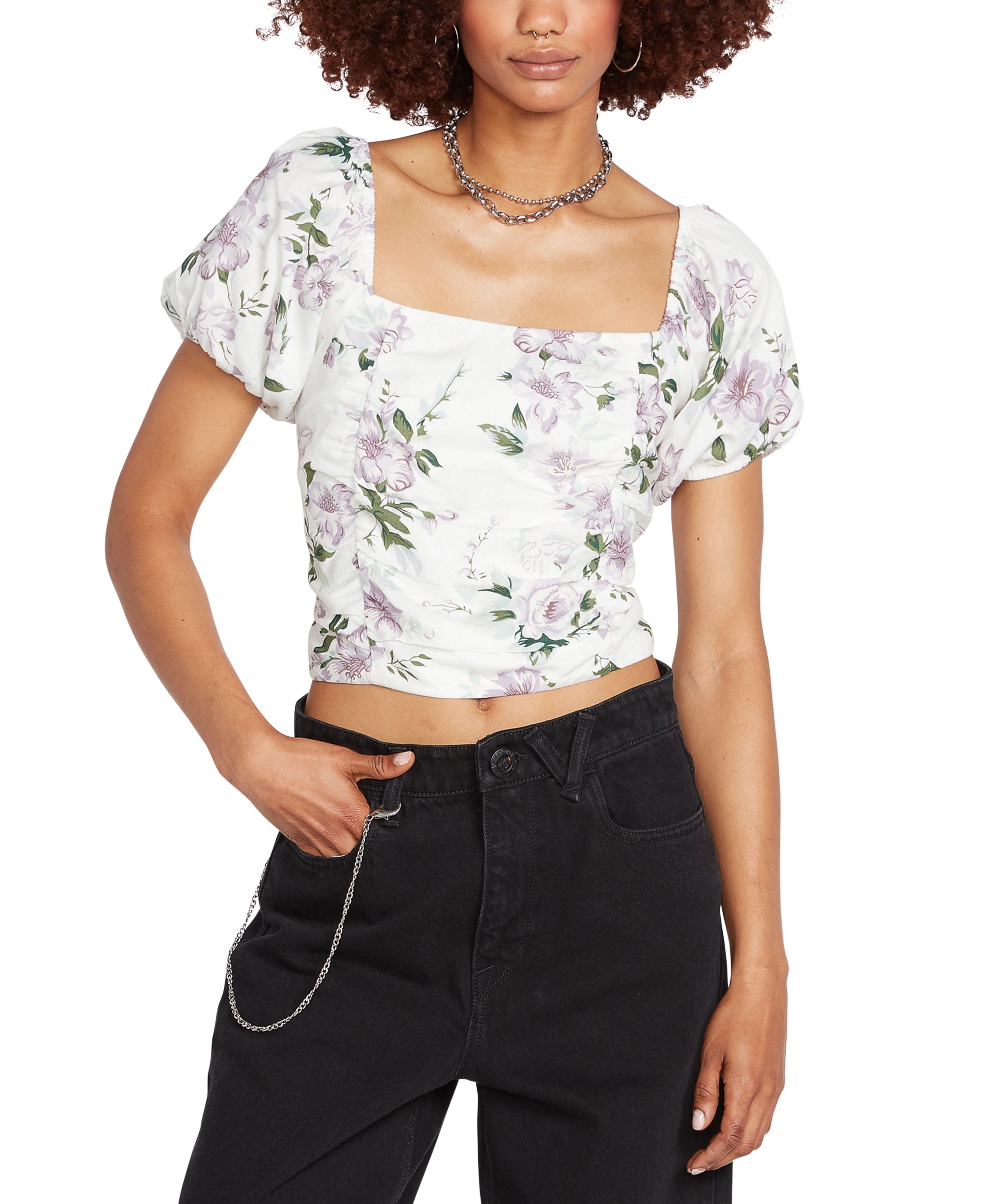 Juniors' So Growmantic Printed Puff-Sleeve Top