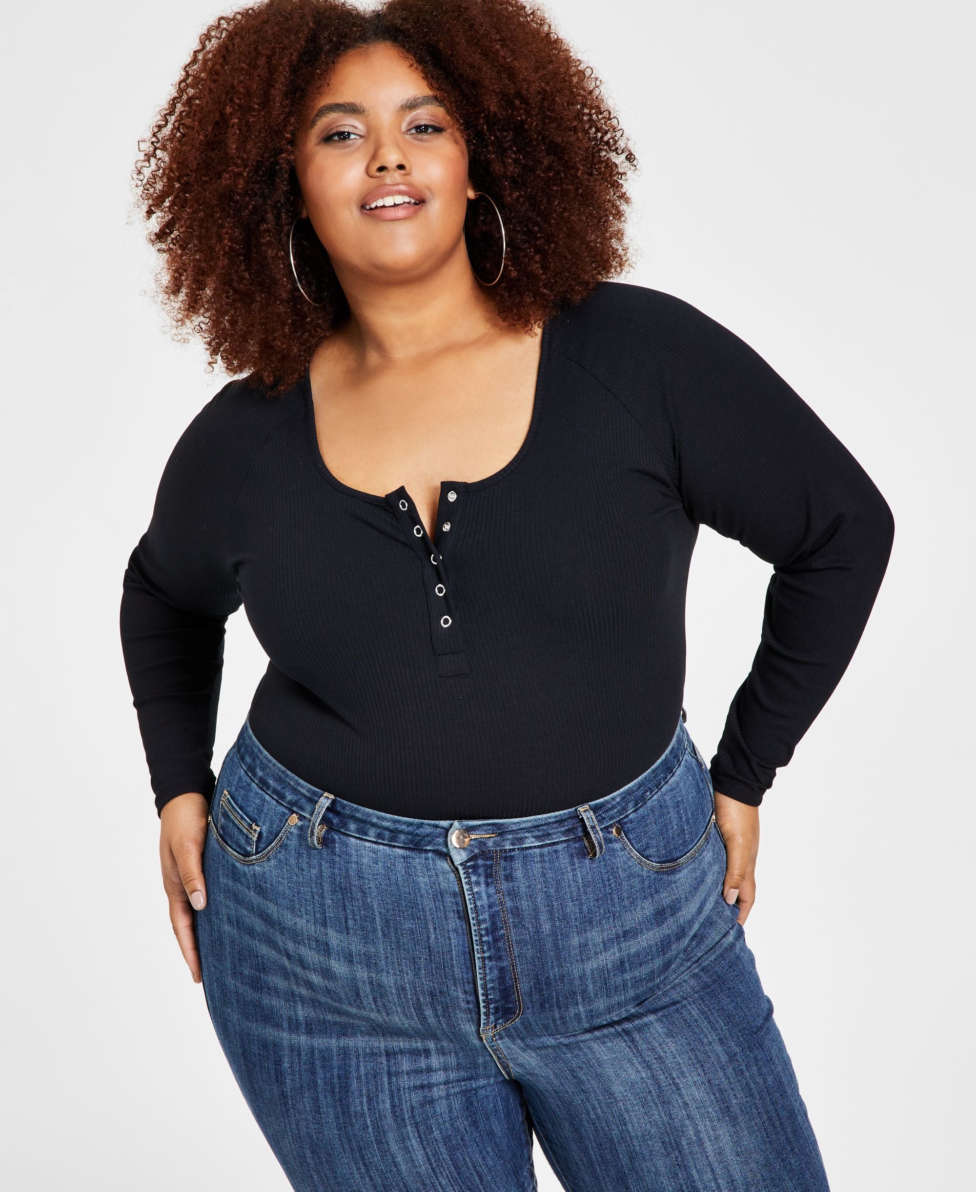 Nina Parker Trendy Plus Size Ribbed Henley Bodysuit