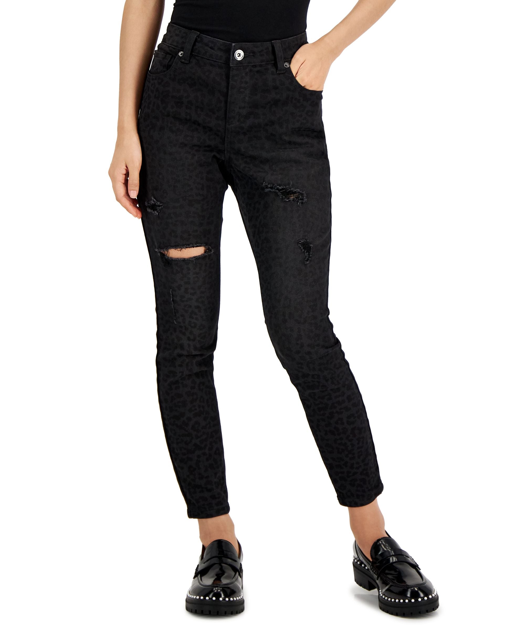 INC International Concepts Petite Mid Rise Ripped Animal Print Skinny Jeans
