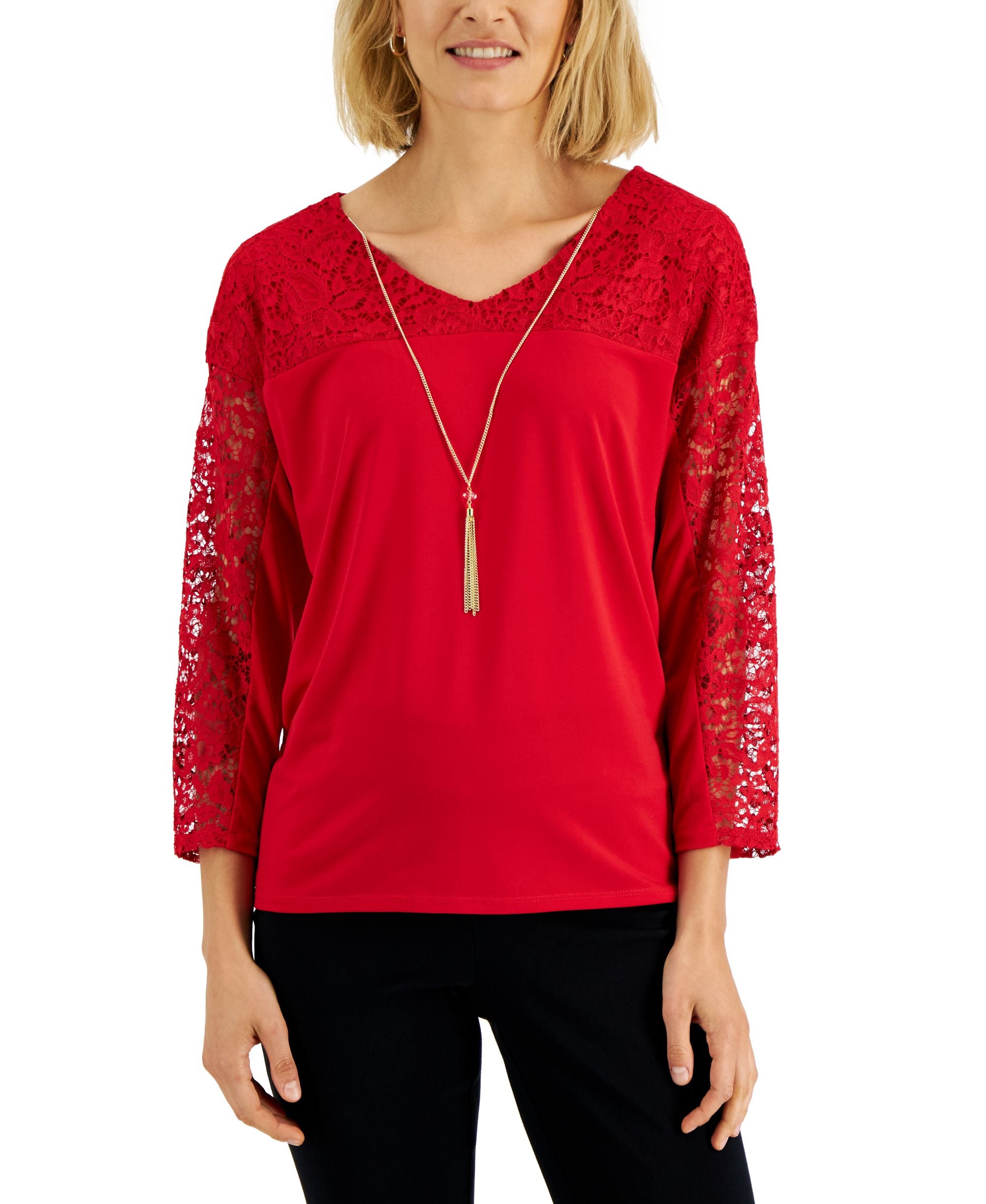 JM Collection Petite Lace Yoke Necklace Top